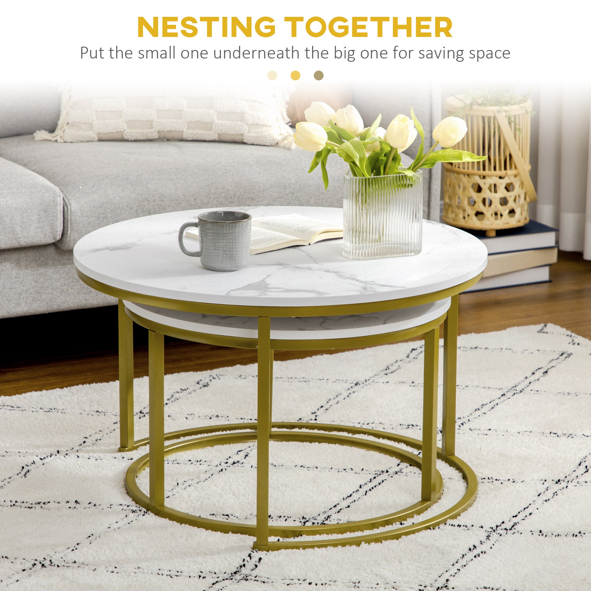 HOMCOM Coffee Table Set of 2, Round Nest of Tables with Faux Marble Tabletop and Metal Frame, Modern Side Tables for Living Room, White - North Peak Garden Furniture
