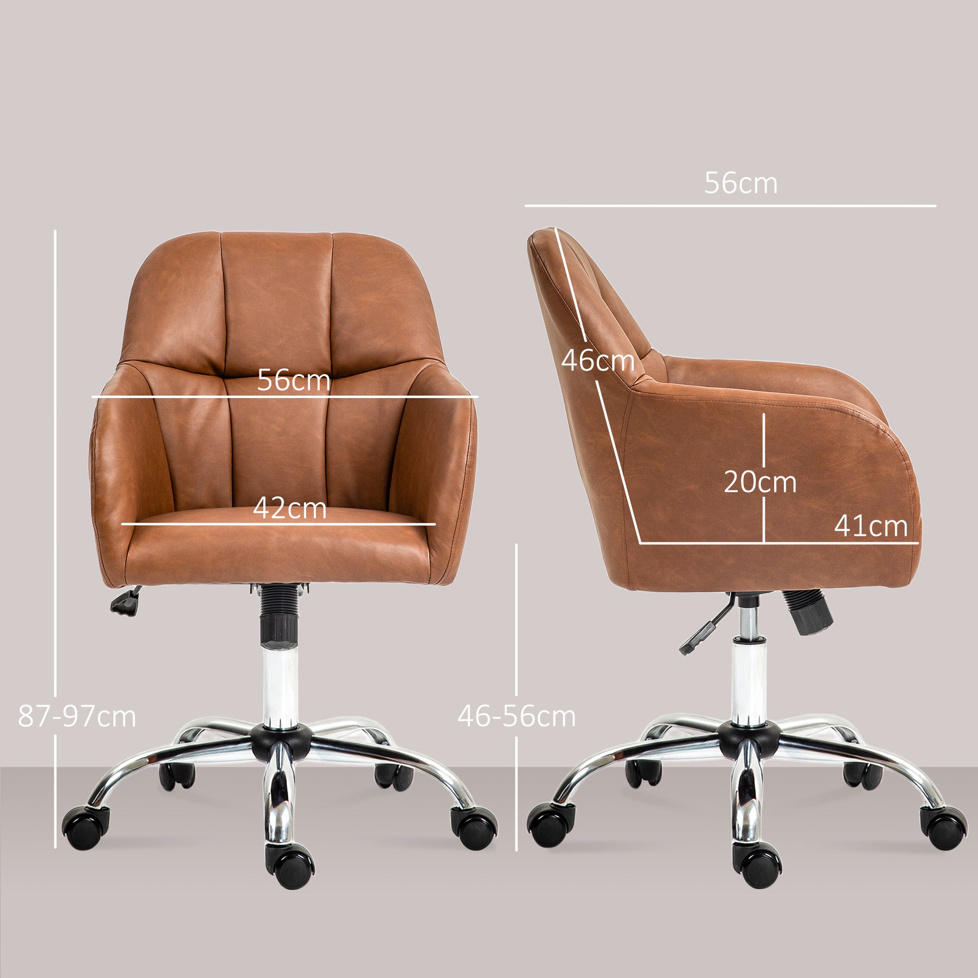 HOMCOM Faux Leather Tub Office Chair, with Wheels - Brown - North Peak Garden Furniture
