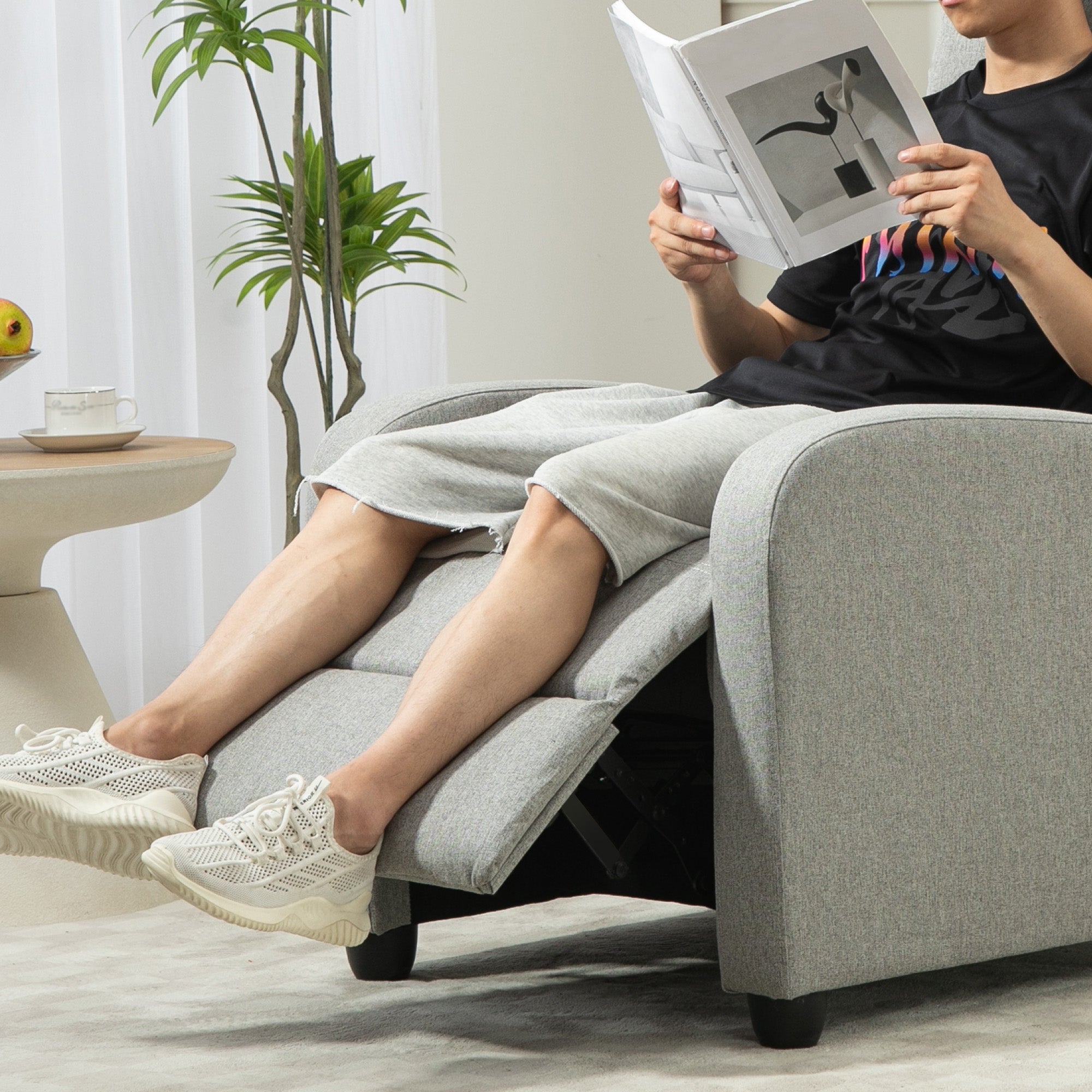 HOMCOM Push Back Recliner Armchair, Linen Fabric Manual Reclining Chair with Adjustable Footrest and Padded Seat for Living Room, Bedroom, Light Grey - North Peak Garden Furniture