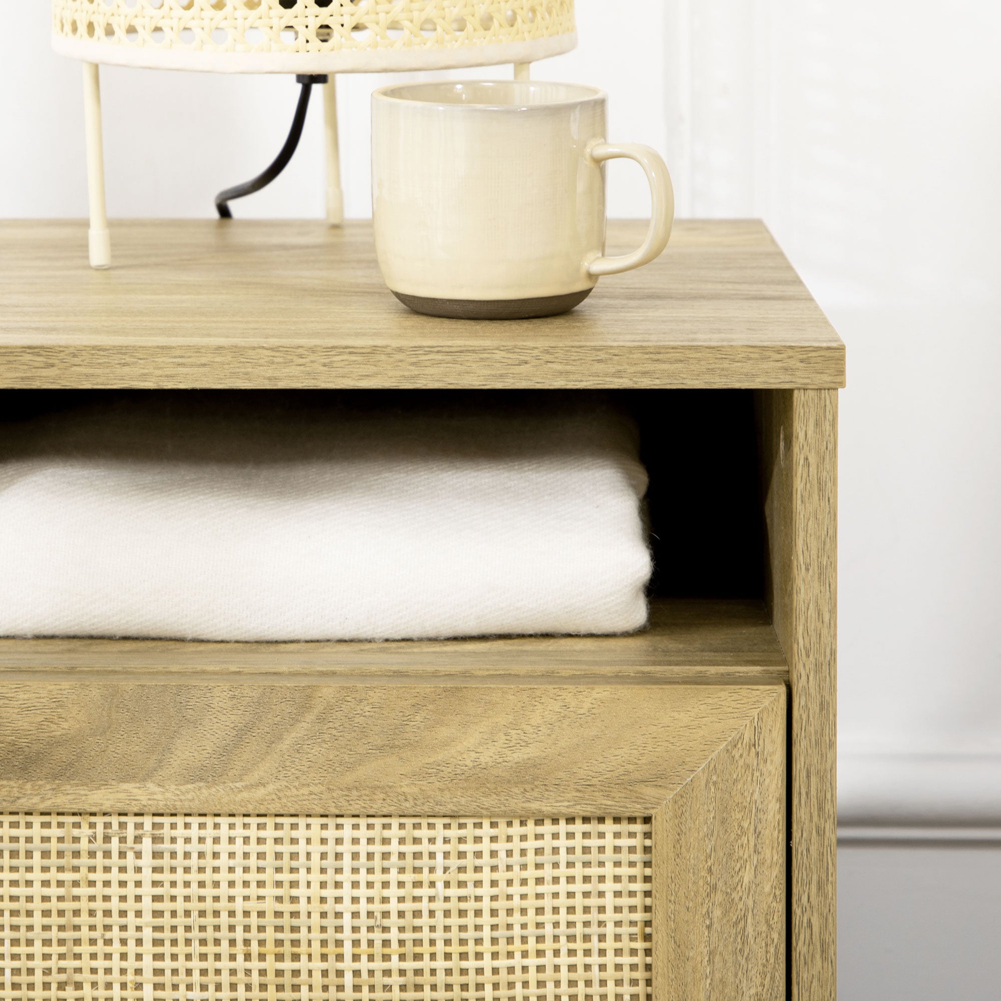 HOMCOM Bedside Table with Rattan Element, Side End Table with Shelf and Cupboard, 39cmx35cmx60cm, Natural - North Peak Garden Furniture