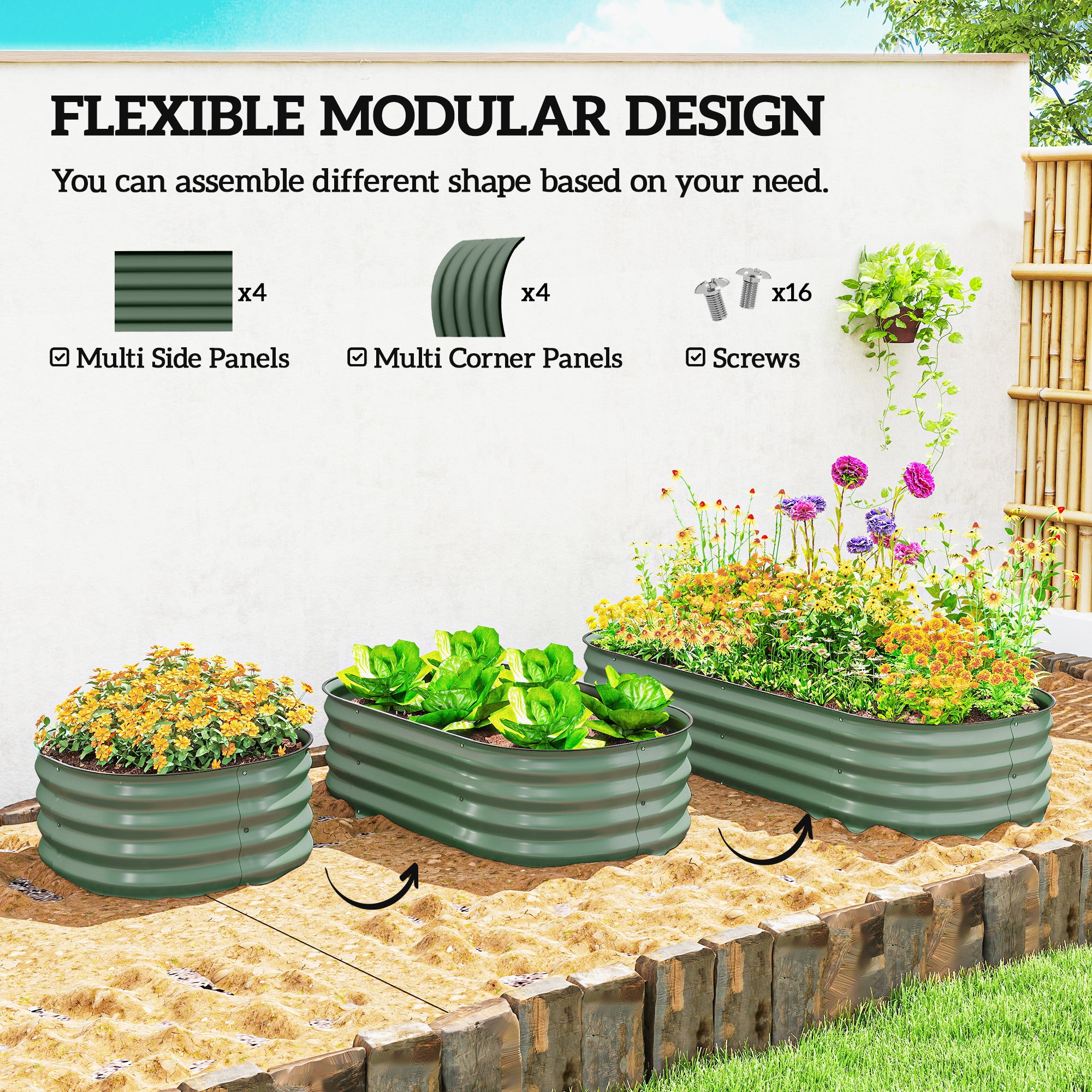 Outsunny Galvanised Raised Garden Bed, Metal Planter Box with Safety Edging, for Flowers, Herbs, Succulents, Green