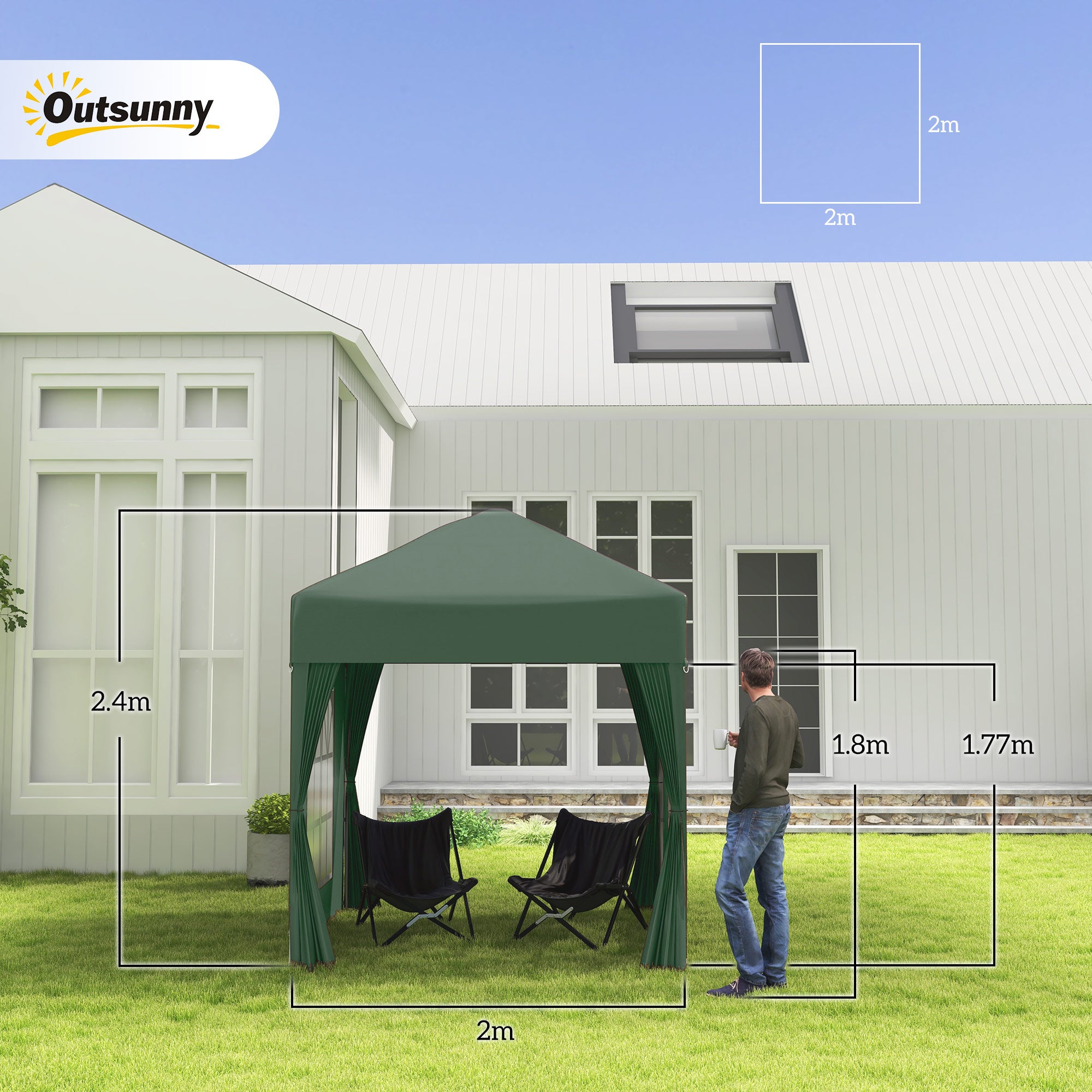 Outsunny 2 x 2 m Garden Pop Up Gazebo, Wedding Party Tent Marquee, Water Resistant Awning Canopy with Sidewalls, Windows, Carry Bag, Green