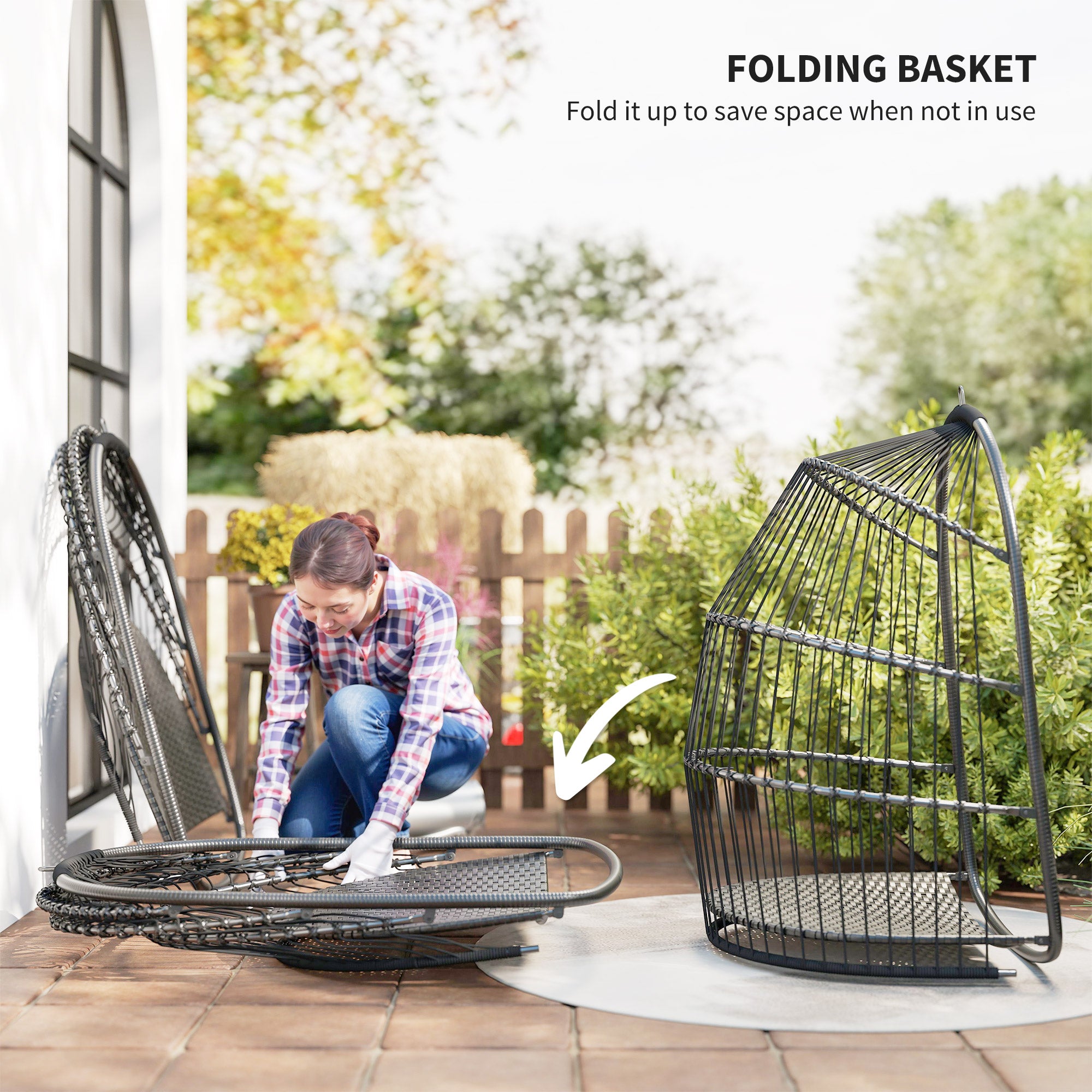 Outsunny Hanging Egg Chair, Foldable Rattan Garden Swing Chair with Installation Kit, Thickened Cushion and Headrest, Indoor Outdoor Hanging Egg Basket Seat for Patio, Porch, Dark Grey - North Peak Garden Furniture
