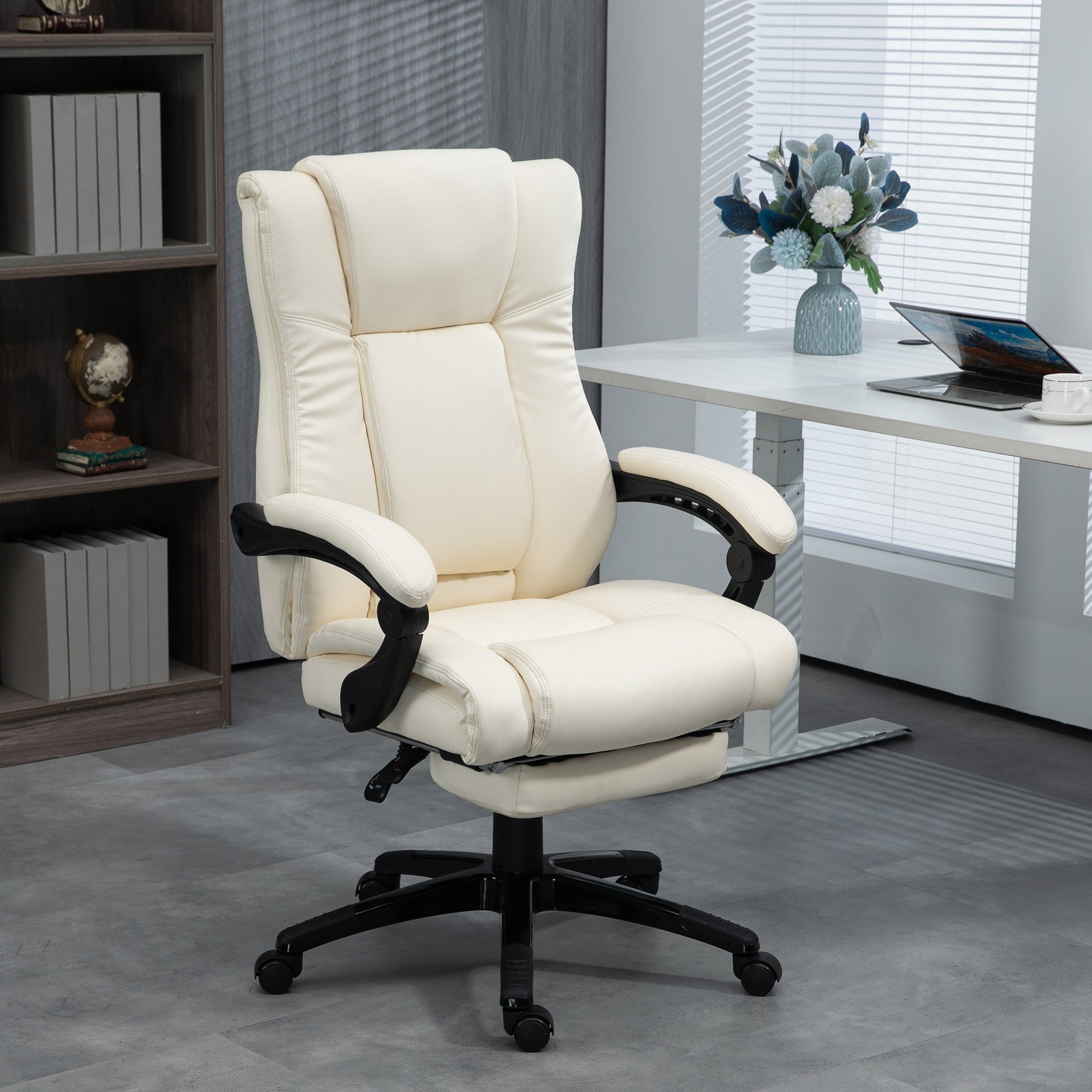 Vinsetto PU Leather Office Chair, Swivel Computer Chair with Footrest, Wheels, Adjustable Height, Cream White - North Peak Garden Furniture