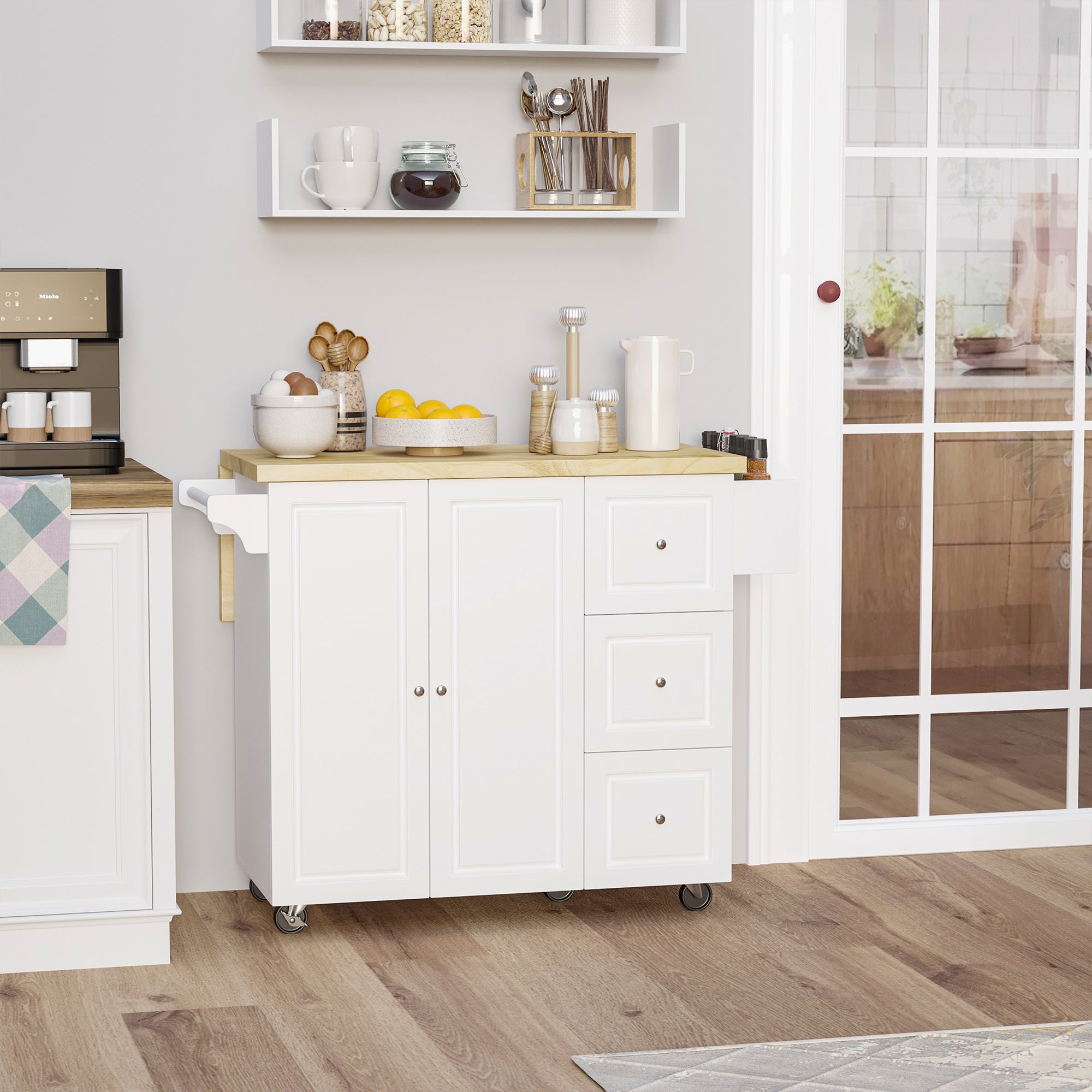HOMCOM Drop-Leaf Kitchen Island on Wheels Utility Storage Cart with Drawers & Cabinet for Kitchen, Dining & Living Room - North Peak Garden Furniture