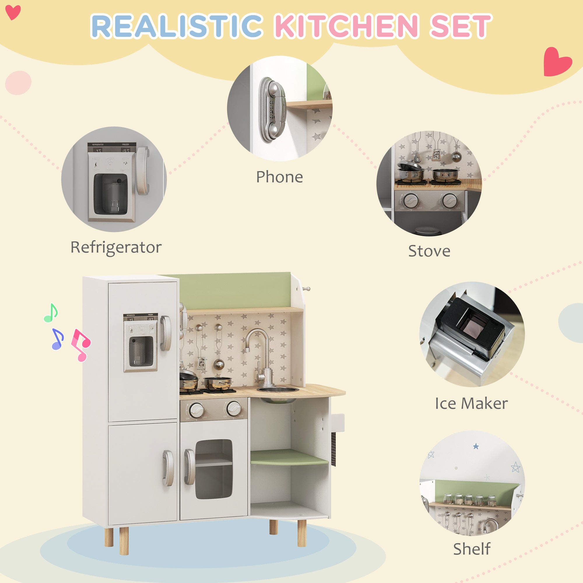 AIYAPLAY Toy Kitchen, Kids Play Kitchen, Role Playing Game with Phone, Ice Maker, Stove, Utensils, for 3-6 Years, White - North Peak Garden Furniture