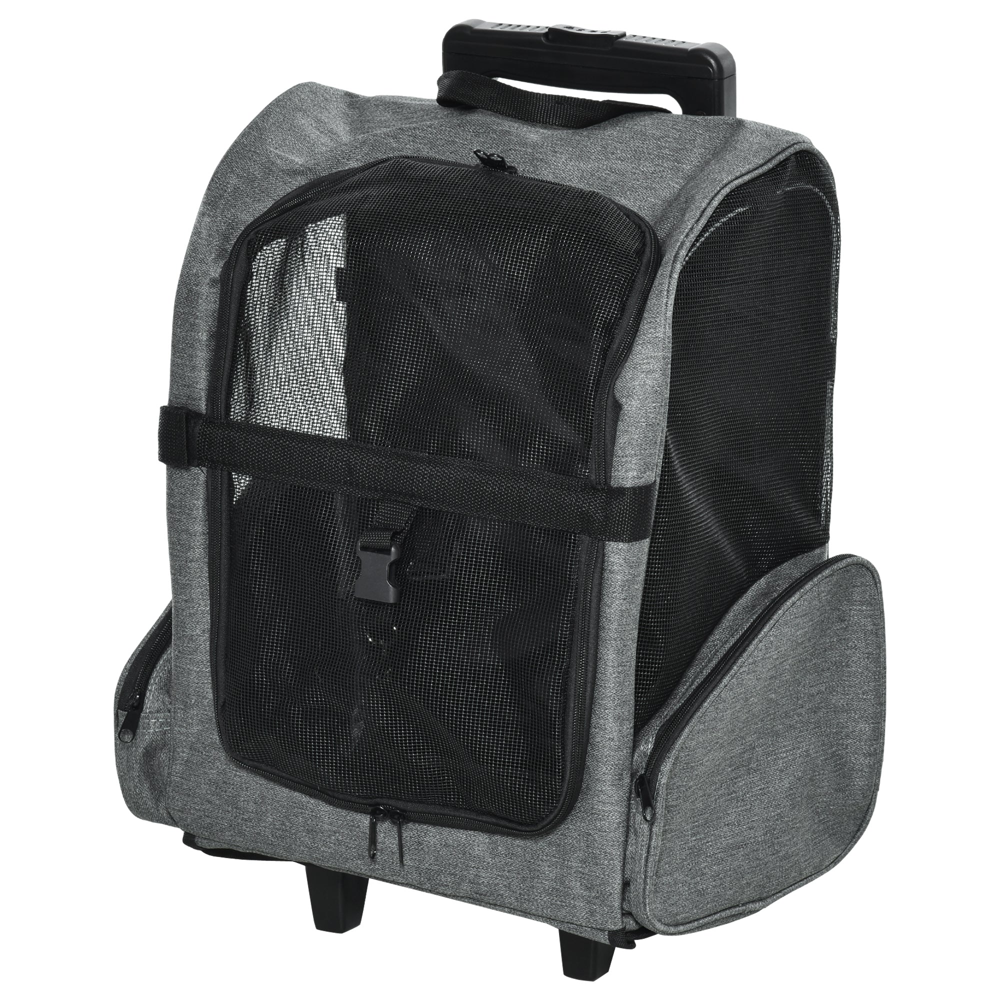 PawHut Pet Travel Backpack Bag Cat Puppy Dog Carrier w/ Trolley and Telescopic Handle Portable Stroller Wheel Luggage Bag (Grey) - North Peak Garden Furniture
