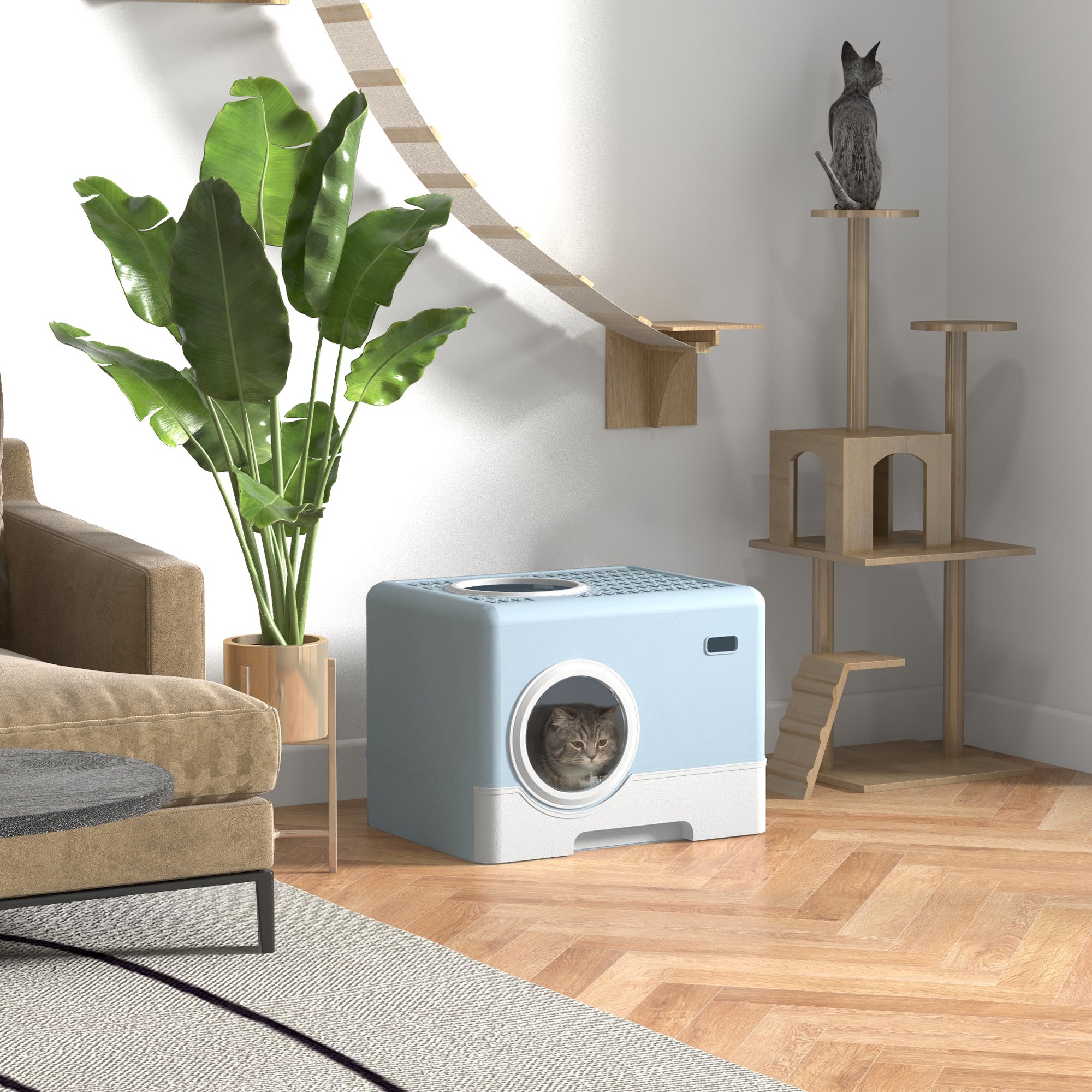 PawHut Enclosed Cat Litter Box, with Lid, Front Entry, Top Exit, Pull-Out Tray, Scoop - Blue - North Peak Garden Furniture