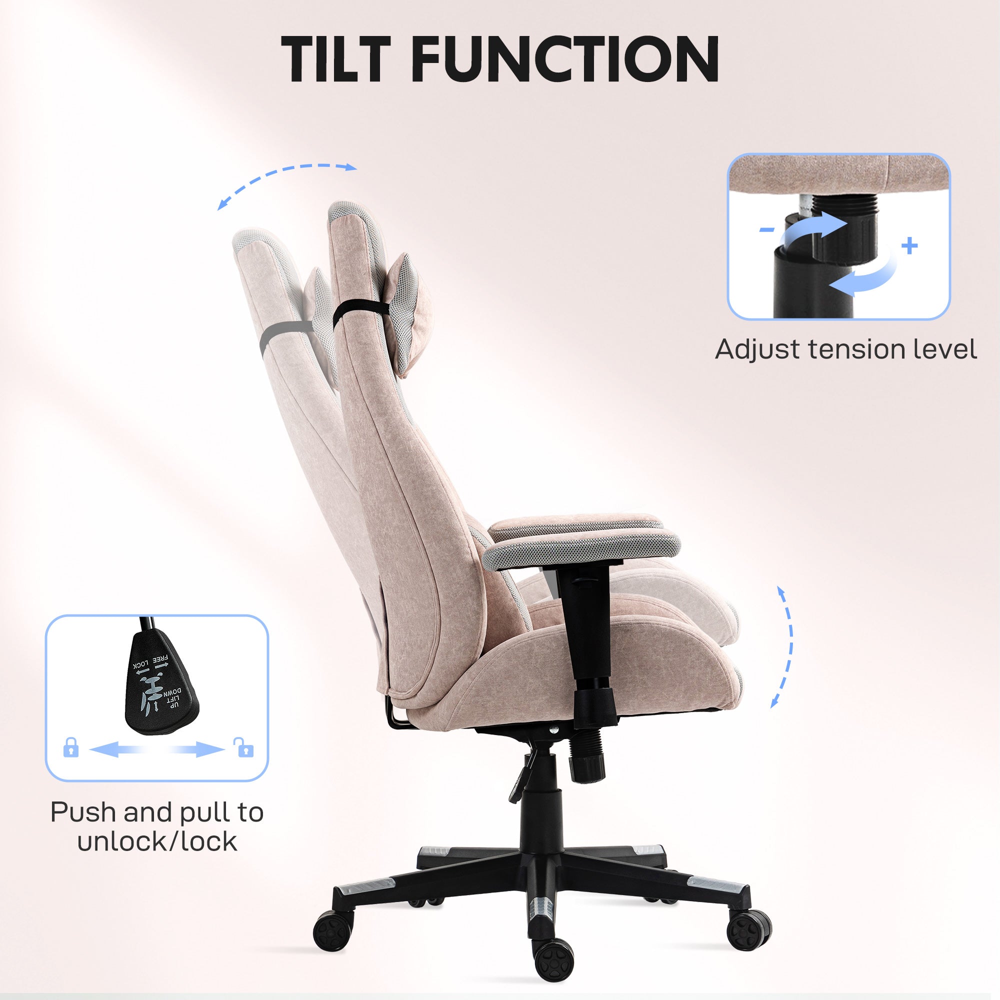 HOMCOM Fabric Gaming Chair with Lumbar Support, Headrest - Pale Pink - North Peak Garden Furniture