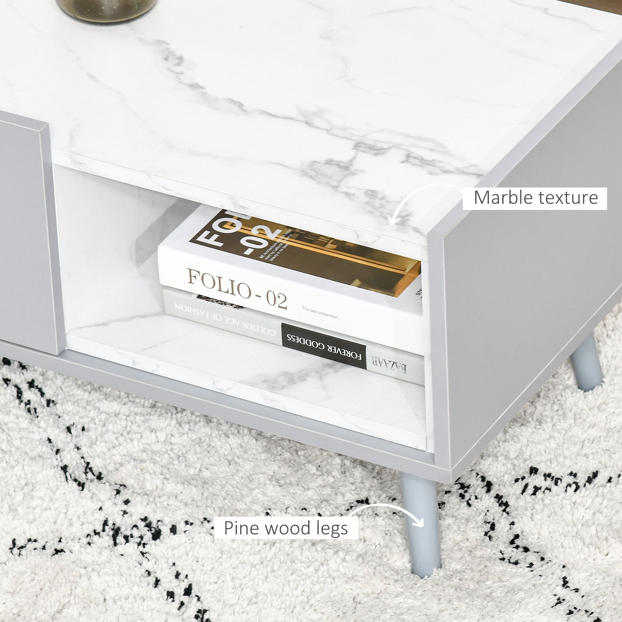 HOMCOM White Coffee Table with Faux Marble Top, 2-Tier Wood Center Table Sofa Table with Storage Drawer and Shelf for Home Living Room Reception Room - North Peak Garden Furniture