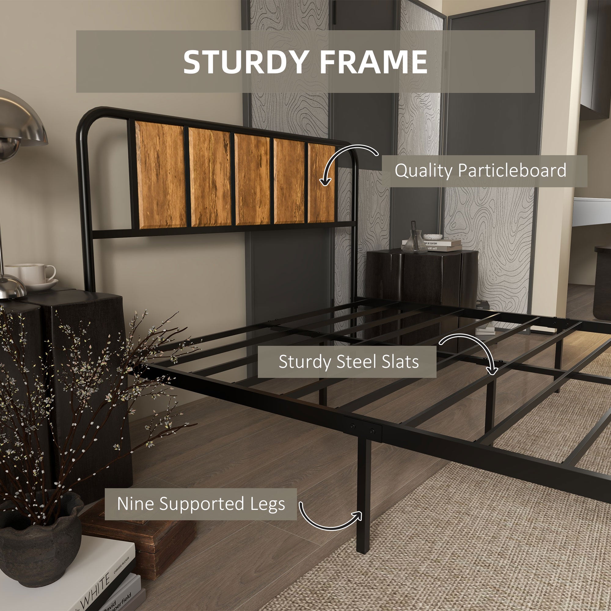 HOMCOM 4.8ft Double Bed Frame with Industrial Wood Headboard, Steel Slat Support and 25.5cm Underbed Storage Space, 145 x 199cm, Rustic Brown - North Peak Garden Furniture