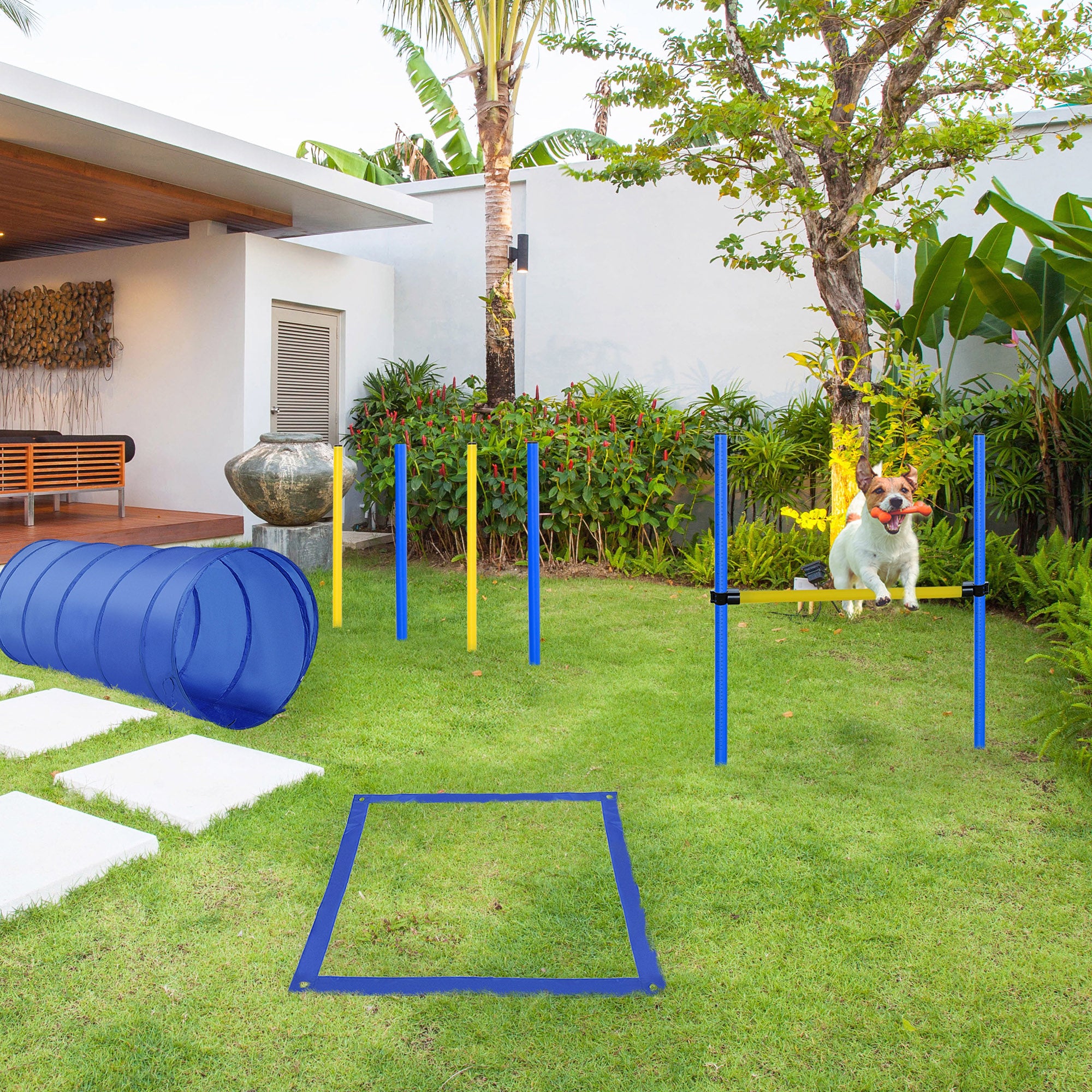 PawHut Pet Agility Training Equipment Dog Play Run Jump Obedience Training Set Adjustable (Poles + Hurdle + Tunnel + Pause Box) - North Peak Garden Furniture