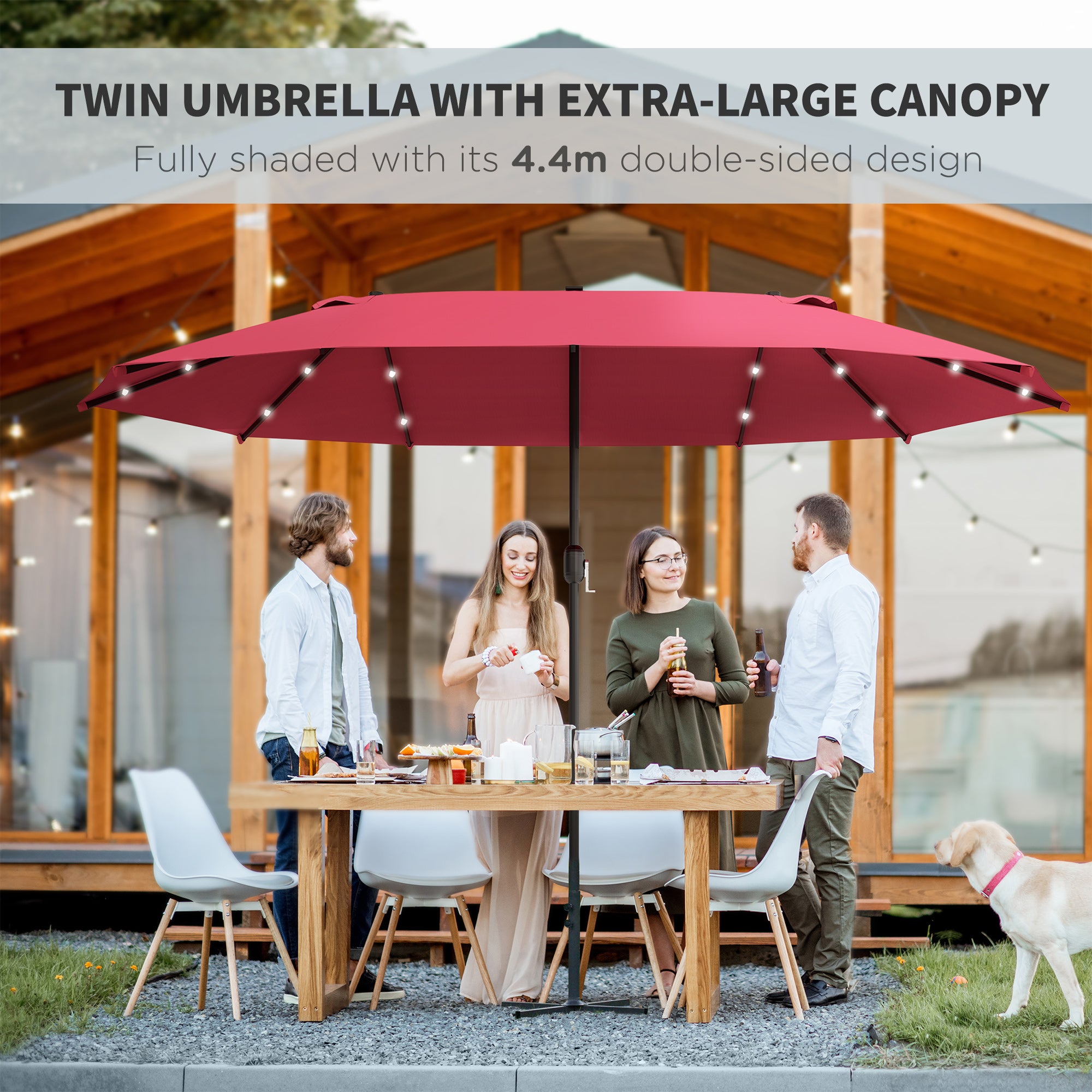 Outsunny 4.4m Double-Sided Sun Umbrella Patio Parasol LED Solar Lights Red - North Peak Garden Furniture
