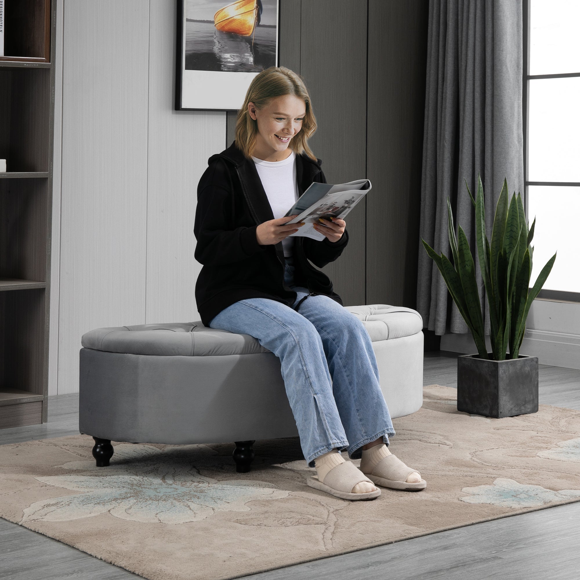 HOMCOM Semi-Circle Bed End Bench Ottoman with Storage Tufted Upholstered Accent Seat Footrest Stool with Rubberwood Legs for Bedroom & Entryway, Light Grey - North Peak Garden Furniture