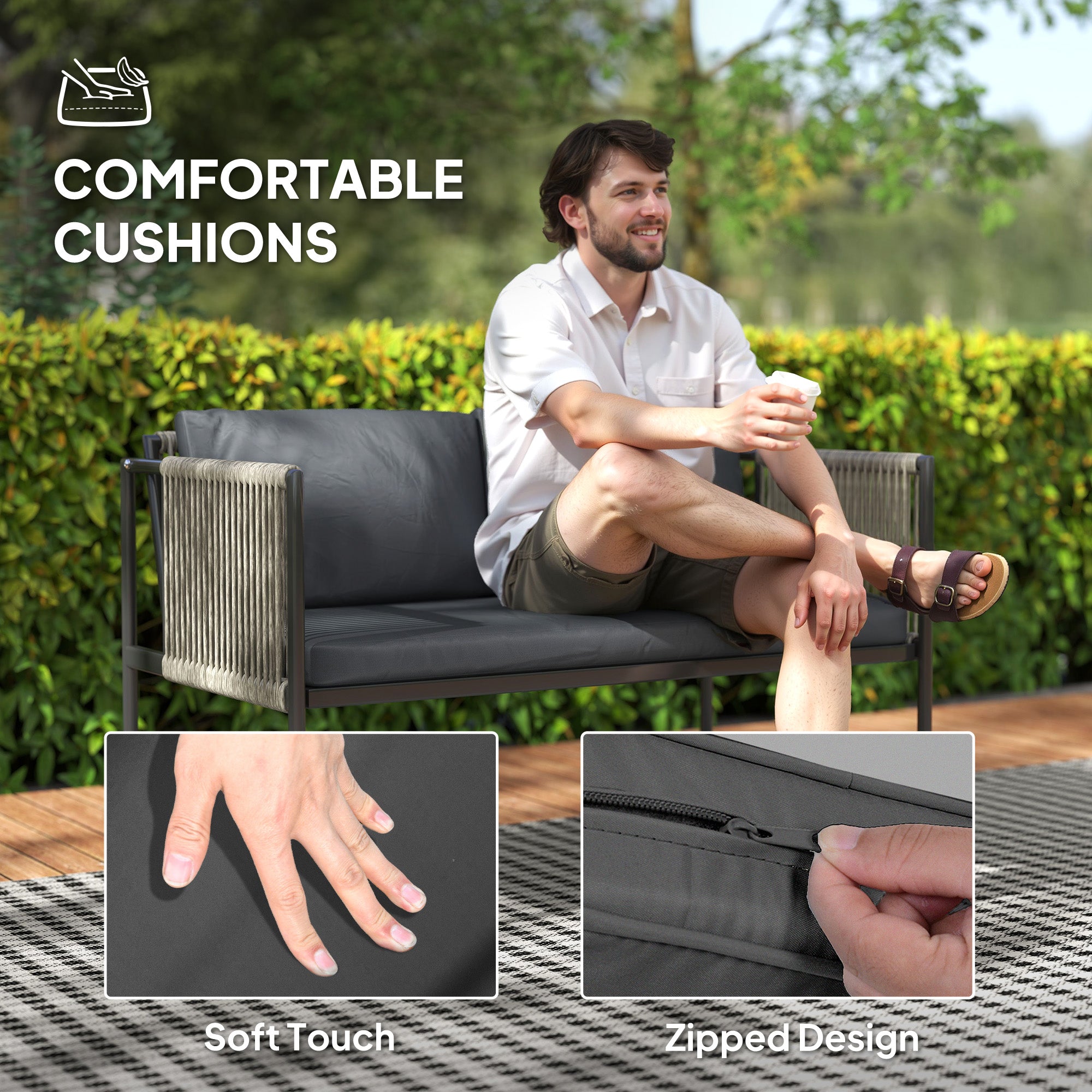 Outsunny 4 Piece Rattan Garden Furniture Set, 4 Seater Wicker Outdoor Furniture Set with 2 Armchairs, Loveseat, Glass Top Coffee Table and Cushions for Balcony, Porch, Grey - North Peak Garden Furniture