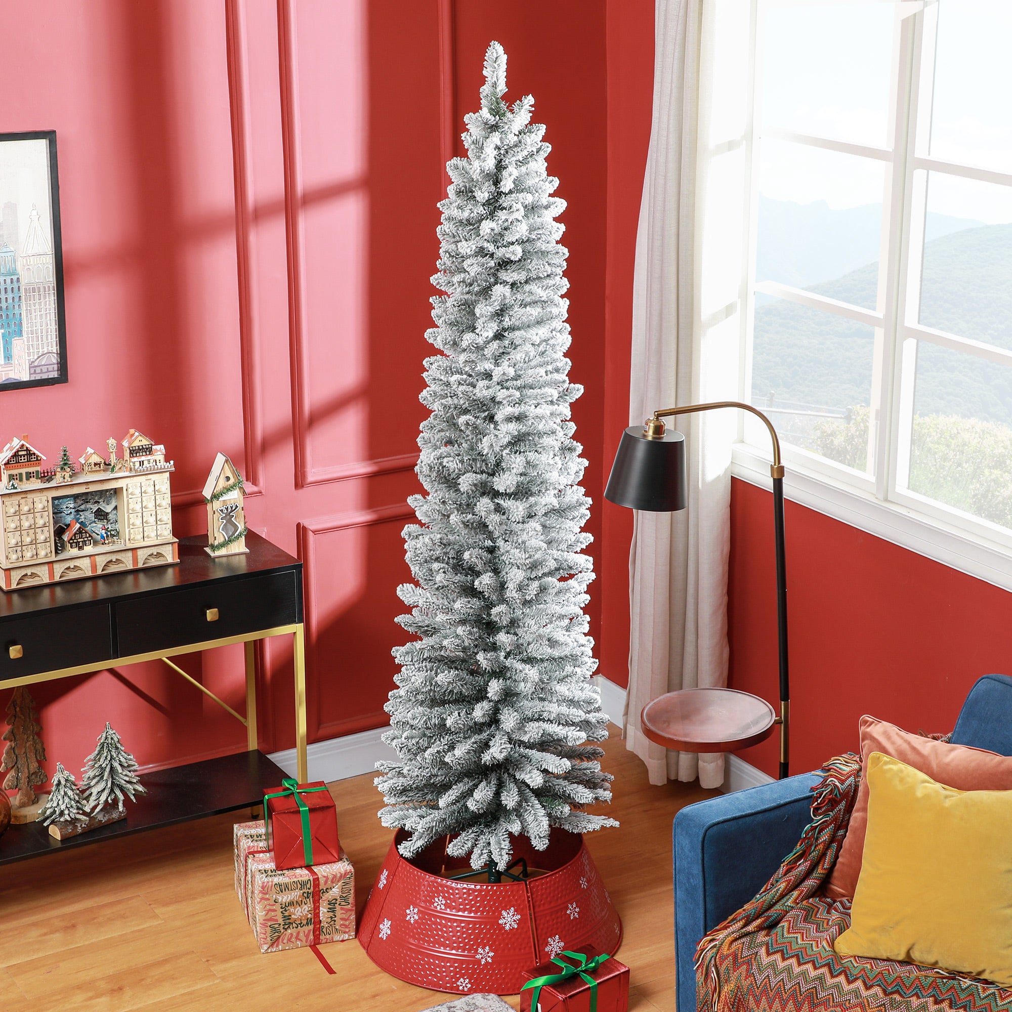 HOMCOM 7ft Artificial Snowy Pencil Christmas Tree - Green