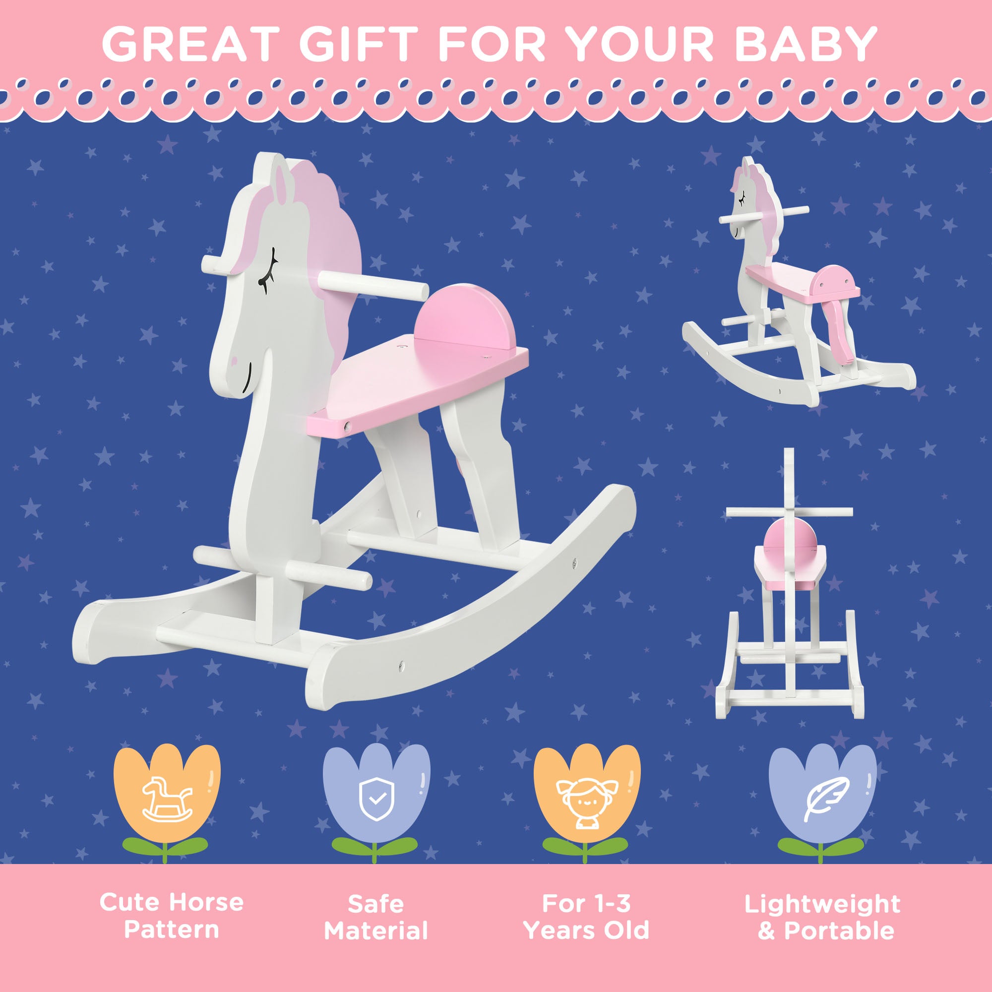 HOMCOM Kids Rocking Horse, with Handlebar, Foot Pedal - Pink - North Peak Garden Furniture