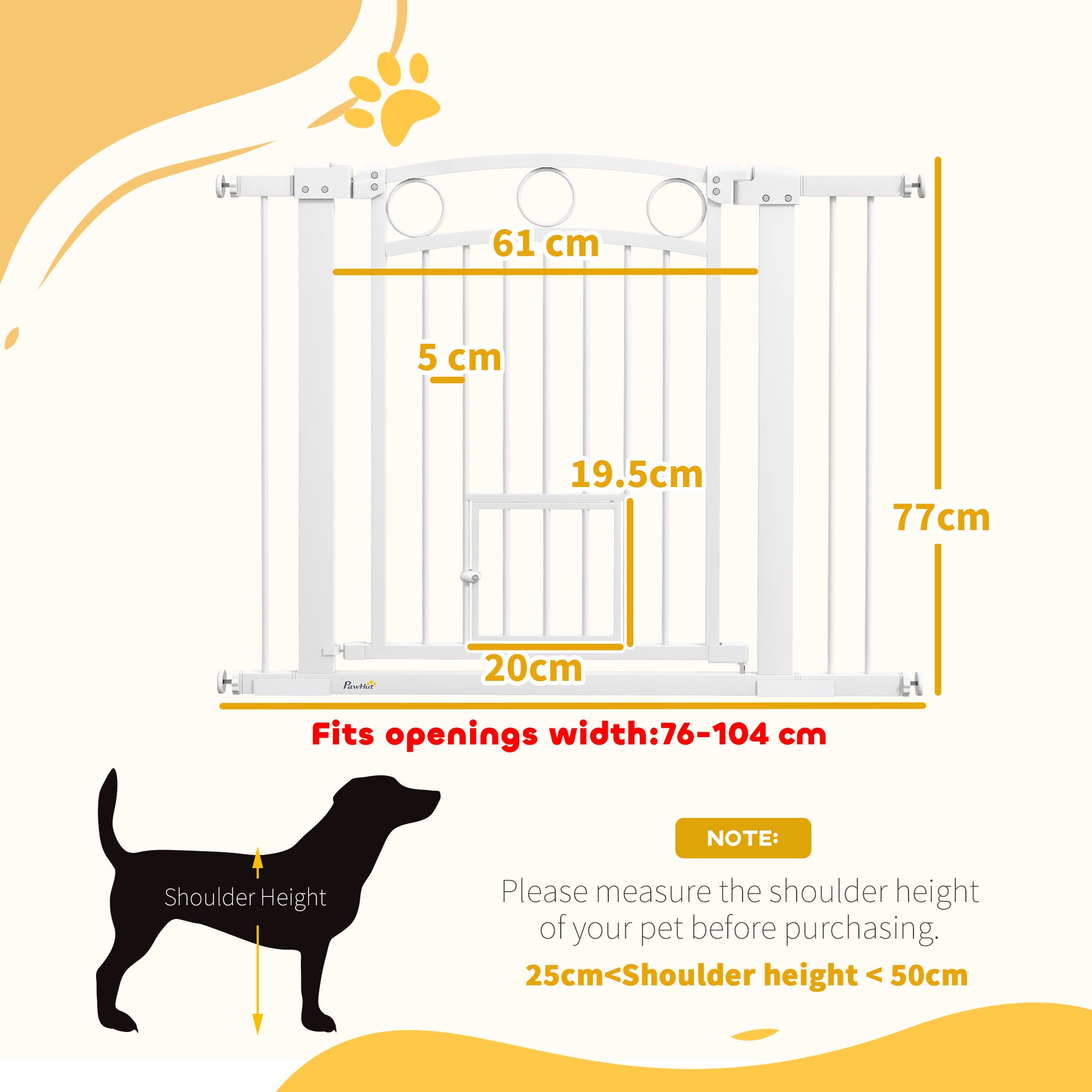 PawHut 77cm Tall Dog Gate with Cat Door, 7cm and 14cm Extensions, for Stairs, Doorways, 76-104cm Width - North Peak Garden Furniture
