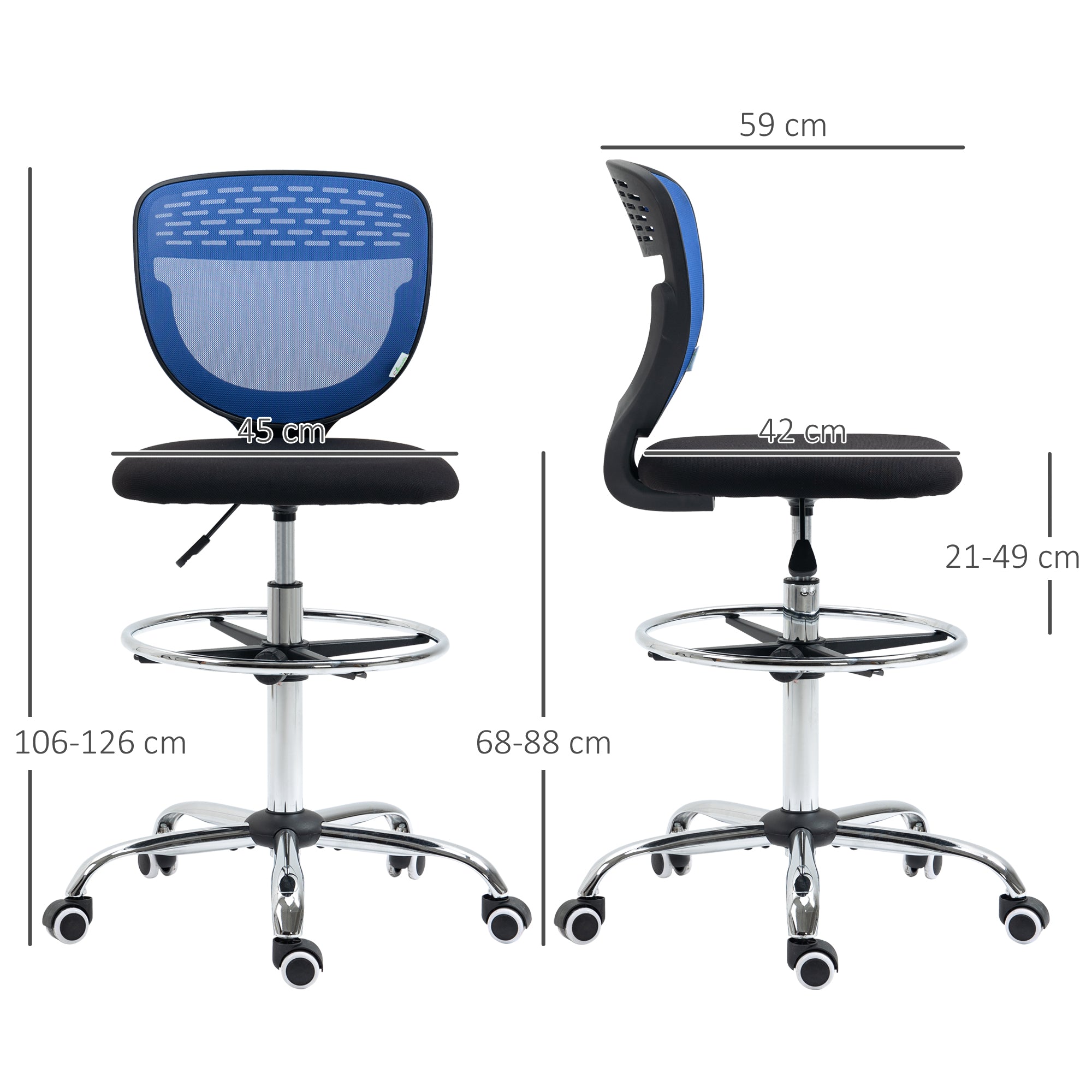 Vinsetto Drafting Chair, Swivel Office Draughtsman Chair, Mesh Standing Desk Chair with Lumbar Support, Adjustable Foot Ring, Armless, Dark Blue - North Peak Garden Furniture