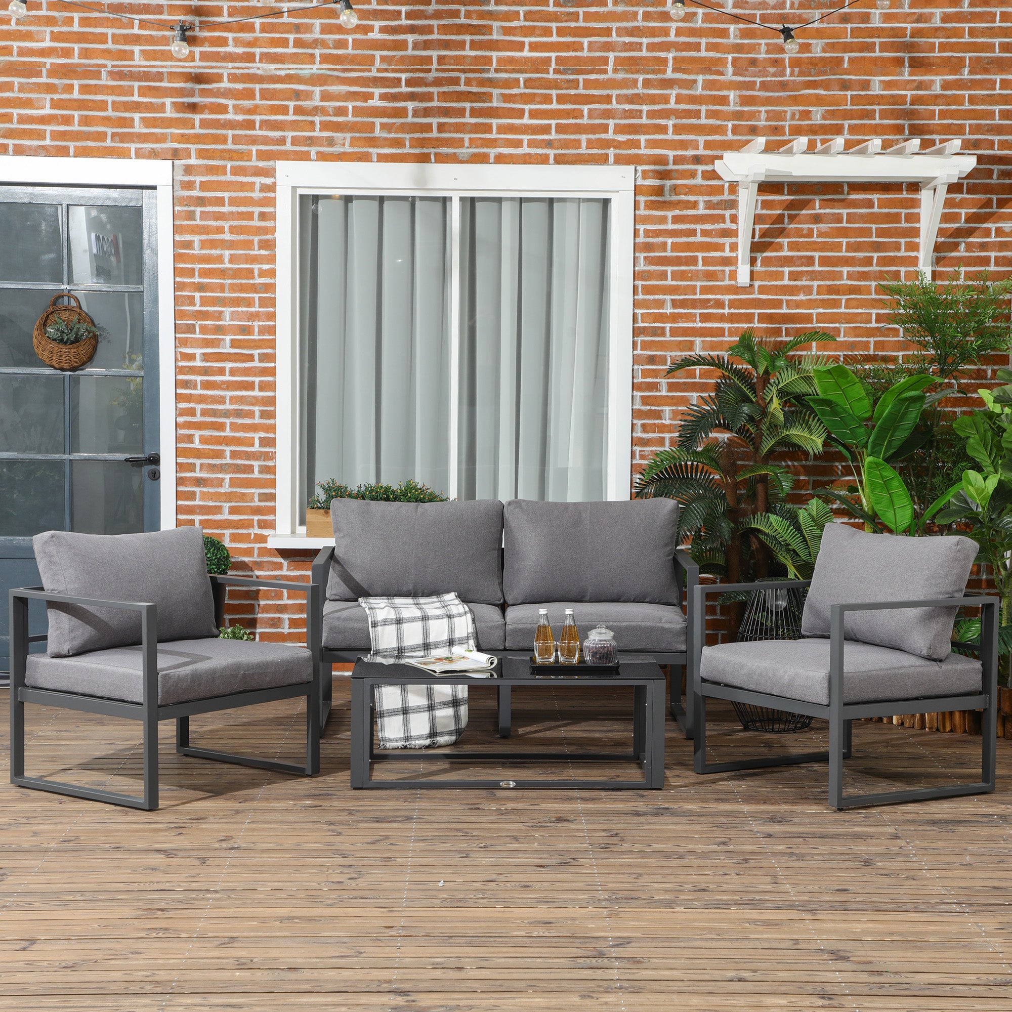 Outsunny 4 Pieces Garden Sofa Set 2 Single Armchair 1 Bench & Side Table Set Aluminium Frame Patio Furniture with Cushions Grey - North Peak Garden Furniture