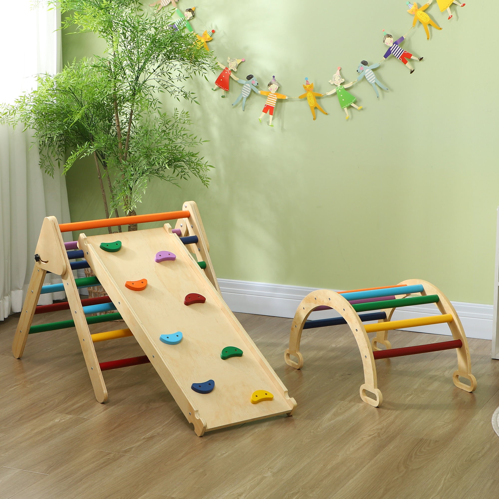 AIYAPLAY 5 in 1 Toddler Climbing Frame with Ramp, Arch, for 18-48 Months, Multicolour - North Peak Garden Furniture