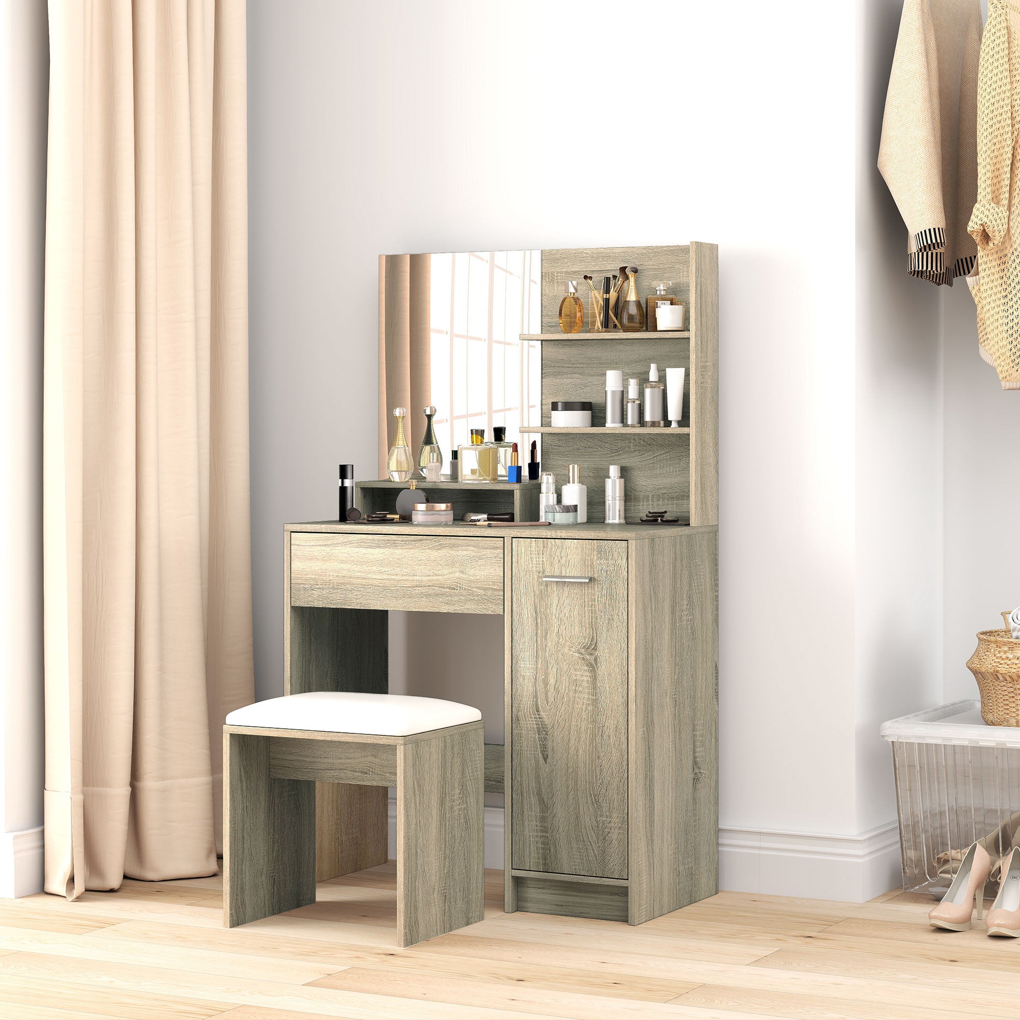 HOMCOM Dressing Table and Stool Set, with Storage - Natural Wood Finish - North Peak Garden Furniture