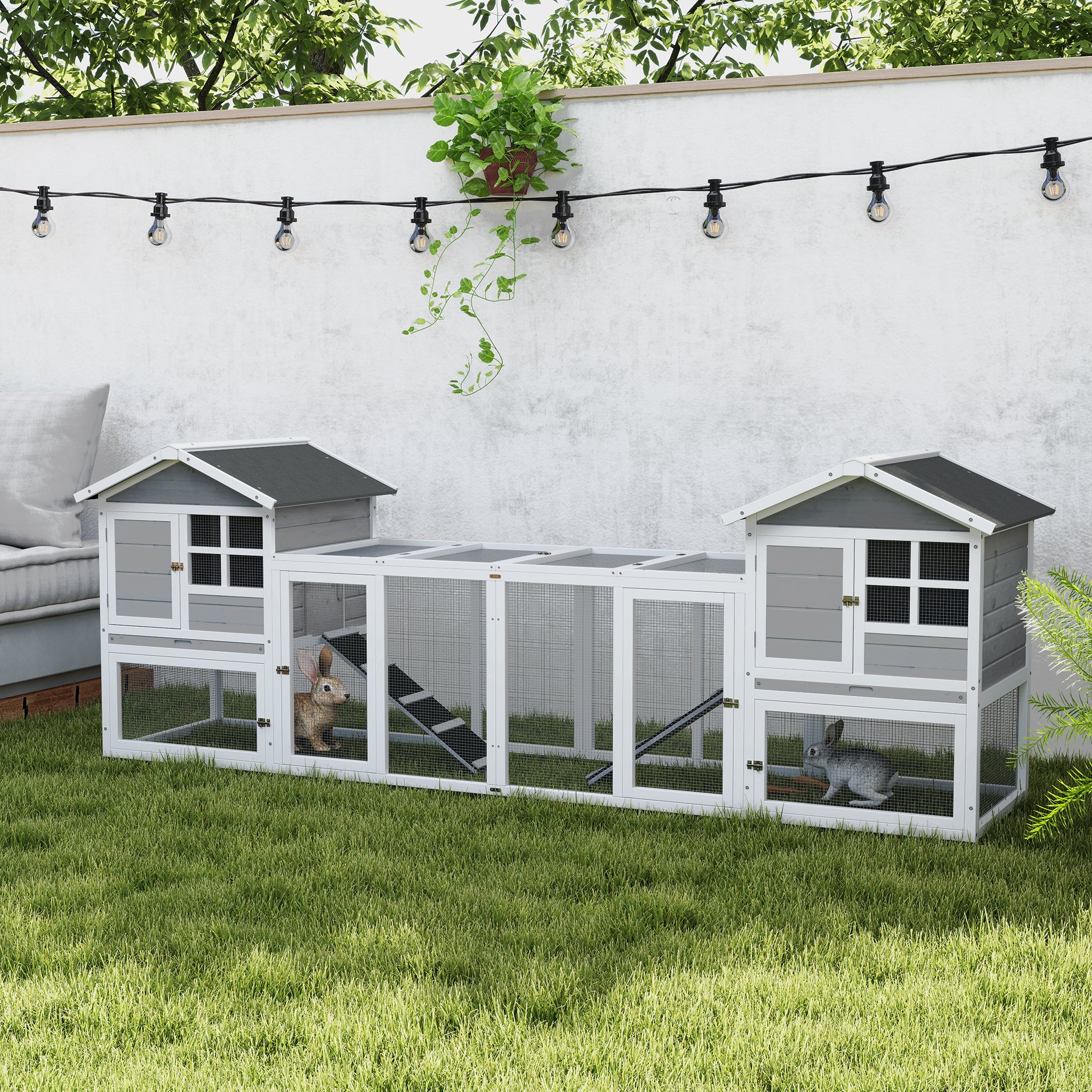 PawHut 2 in 1 Rabbit Hutch Outdoor Guinea Pig Hutch Bunny Run Double Main House with Run, No-Leak Tray 259 x 64 x 92cm, Grey - North Peak Garden Furniture
