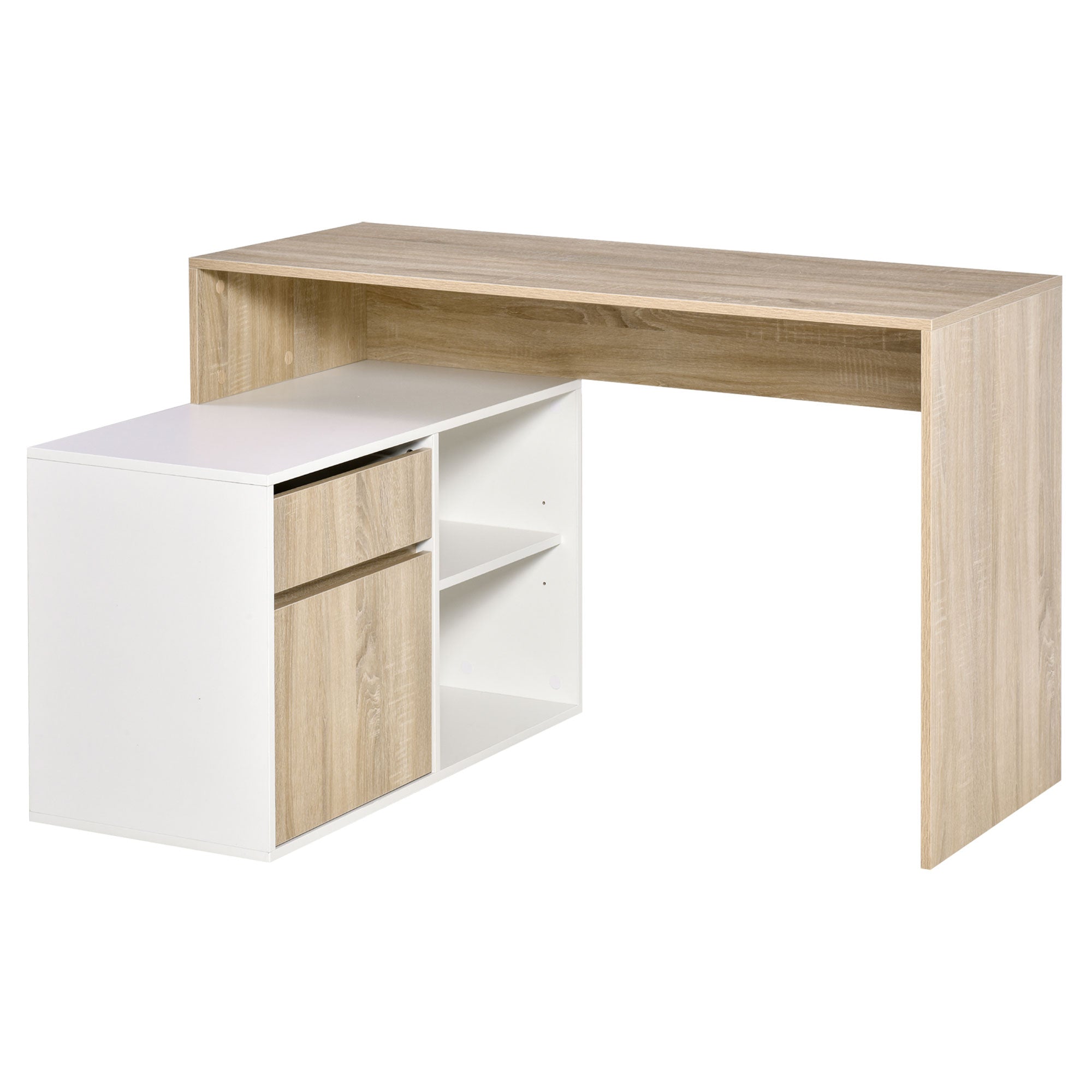 HOMCOM L-Shaped Desk, Corner Computer Desk with Storage Drawer, Adjustable Shelf, Cabinet for Home Office and Study, 120 x 92 x 75cm, Oak and White