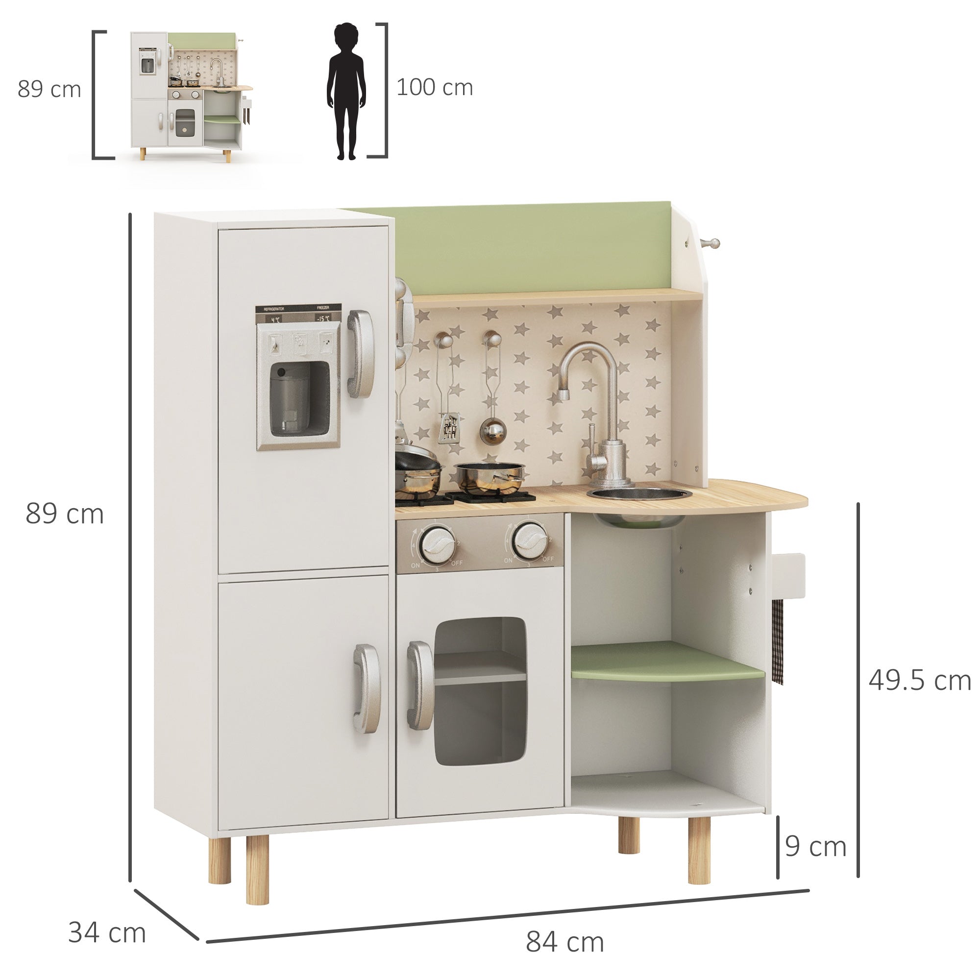 AIYAPLAY Toy Kitchen, Kids Play Kitchen, Role Playing Game with Phone, Ice Maker, Stove, Utensils, for 3-6 Years, White - North Peak Garden Furniture