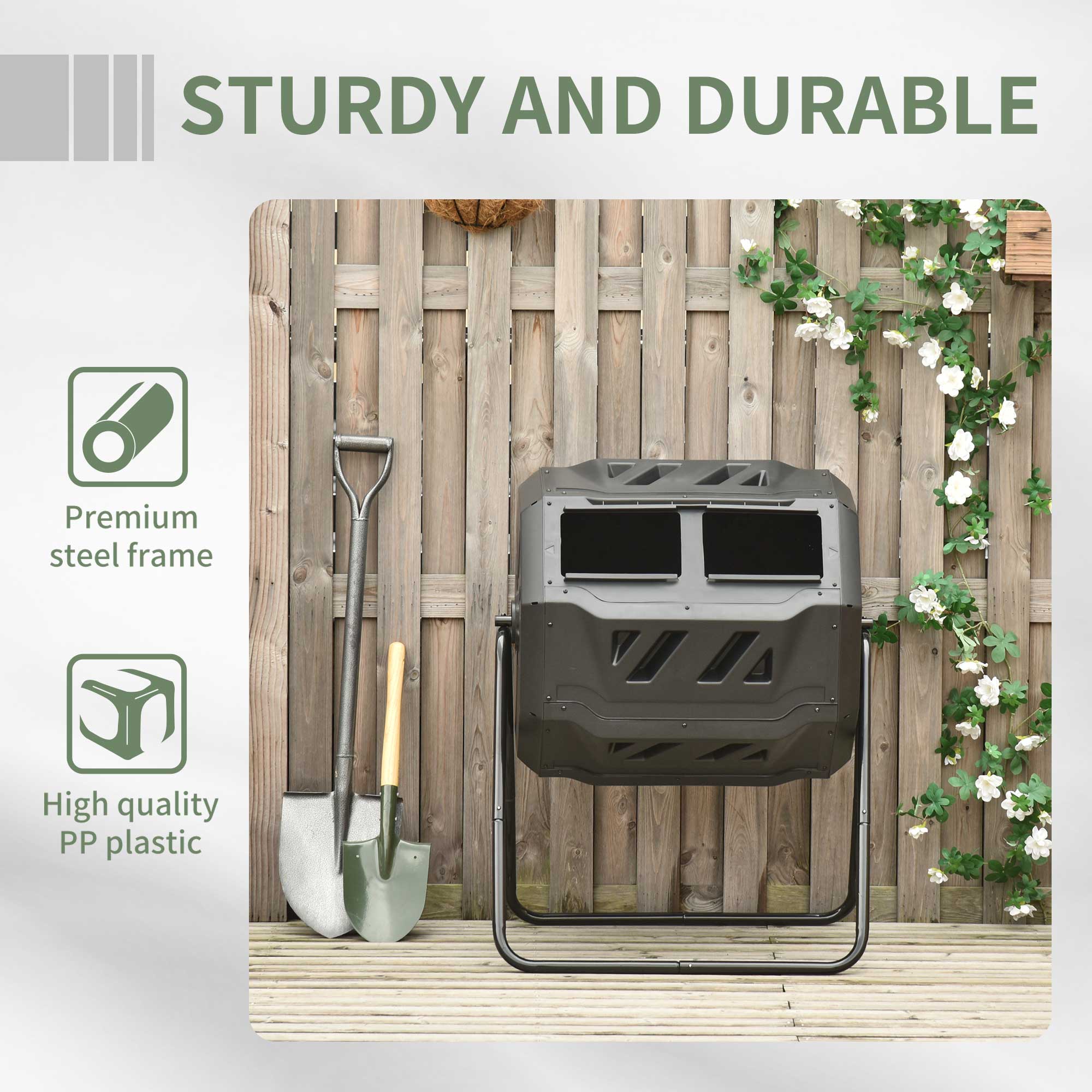 Outsunny 160L Tumbling Compost Bin Outdoor Dual Chamber 360° Rotating Composter, Garden Compost Bin w/ Sliding Doors & Solid Steel Frame, Black - North Peak Garden Furniture