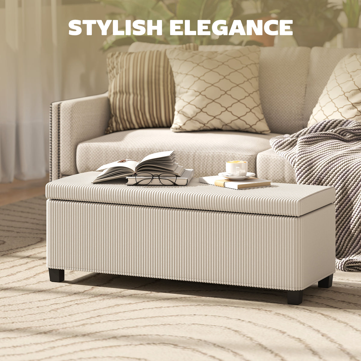 HOMCOM Storage Ottoman Bench, Corduroy Storage Chest Box with Wooden Legs, 112cm Bed End Bench for Living Room, Bedroom, Entryway, Hallway, Beige