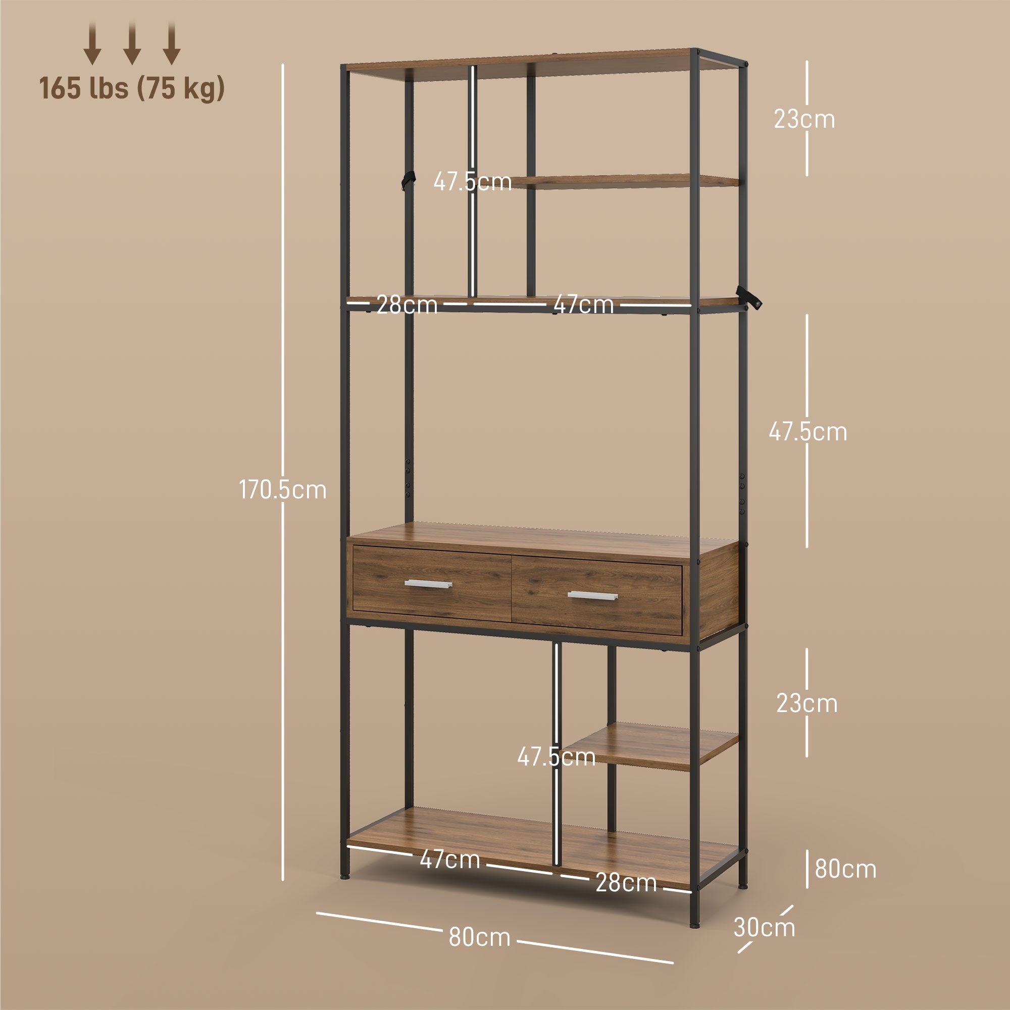 HOMCOM Seven-Shelf Industrial Display Shelf, with Drawers - Brown/Black - North Peak Garden Furniture
