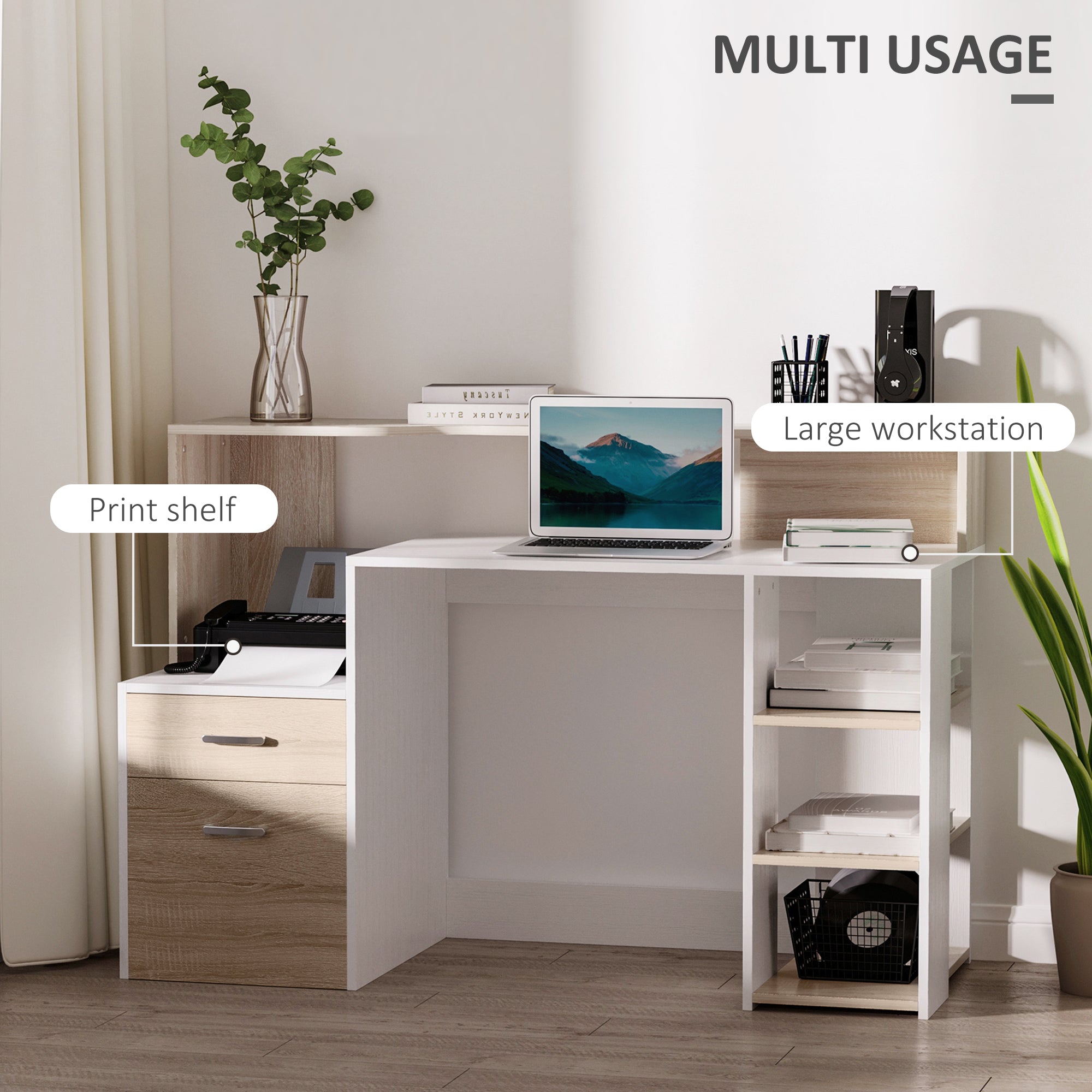 HOMCOM Computer Desk with Drawers and Storage Shelves, Reception Desk, Study Workstation for Home Office, 137 x 55 x 92cm, Oak and White - North Peak Garden Furniture