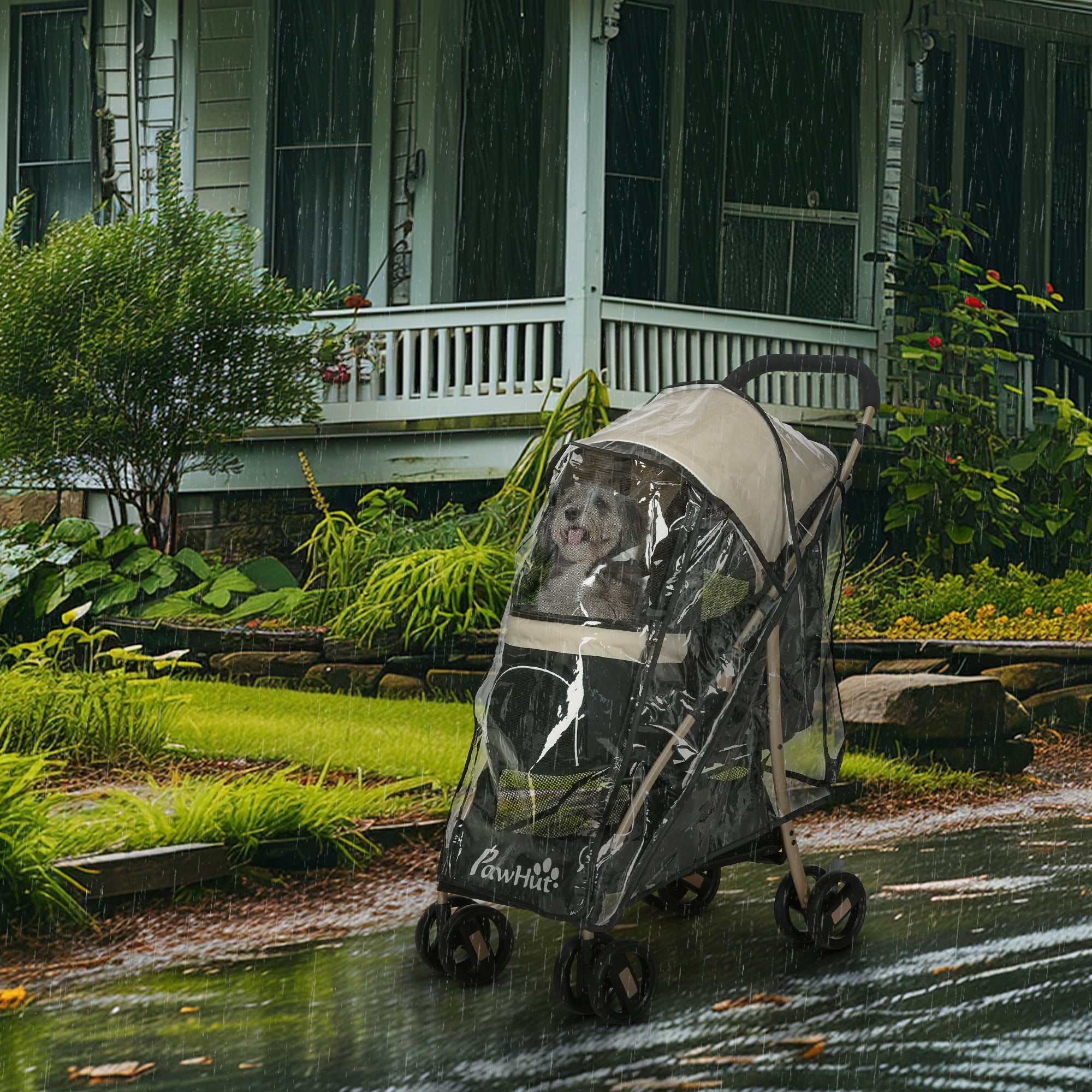 PawHut Pet Stroller for Small and Miniature Dogs, with Rain Cover - Khaki - North Peak Garden Furniture