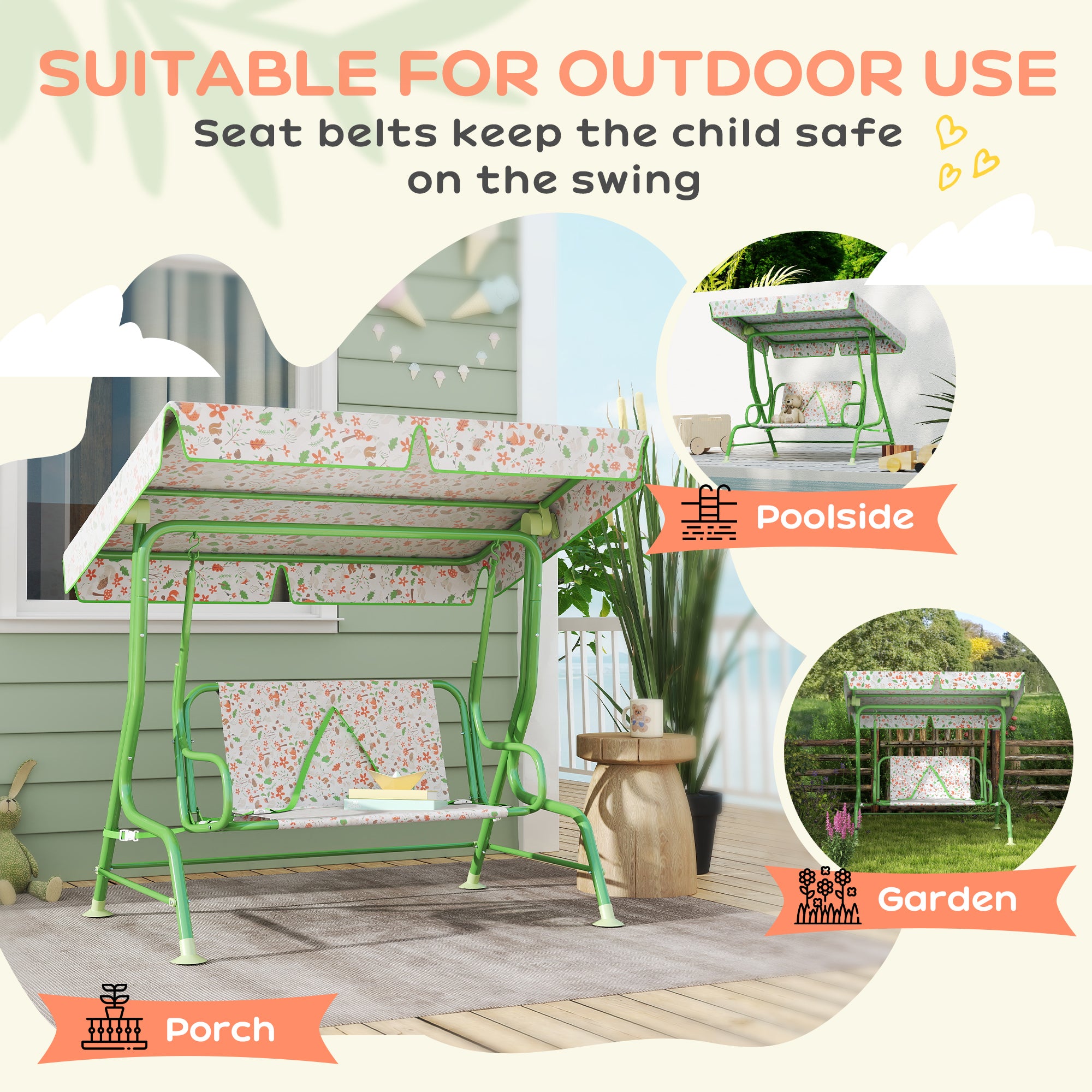 AIYAPLAY Kids Garden Swing Chair with Adjustable Canopy, Safety Belt, 2 Seater Hammock Swing Bench for Patio, Porch, Green - North Peak Garden Furniture