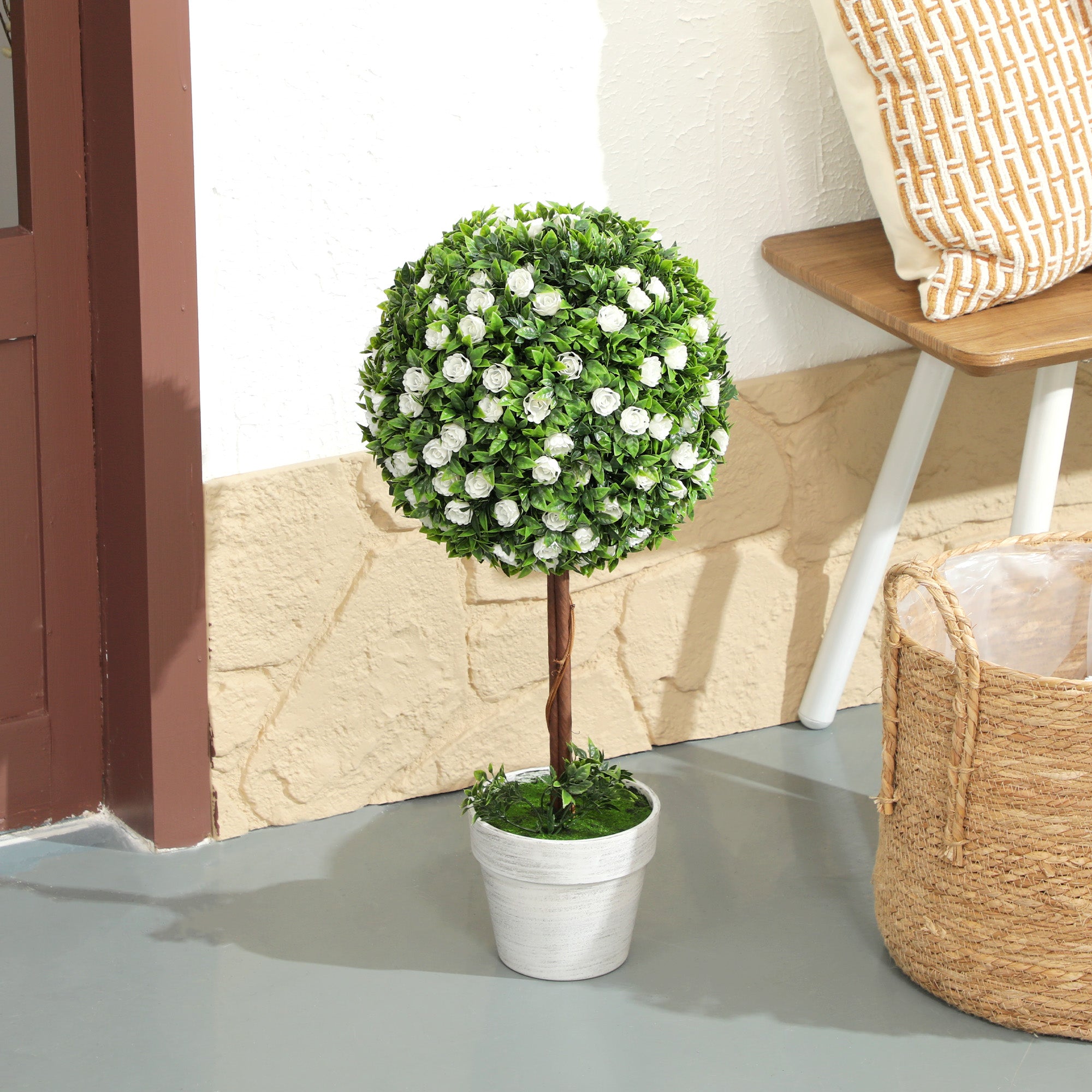 HOMCOM Set of 2 Decorative Artificial Plants, Ball Topiary Tree with Rose Flower in Pot, Fake Plants for Home Indoor Outdoor Decor, 60cm, White - North Peak Garden Furniture
