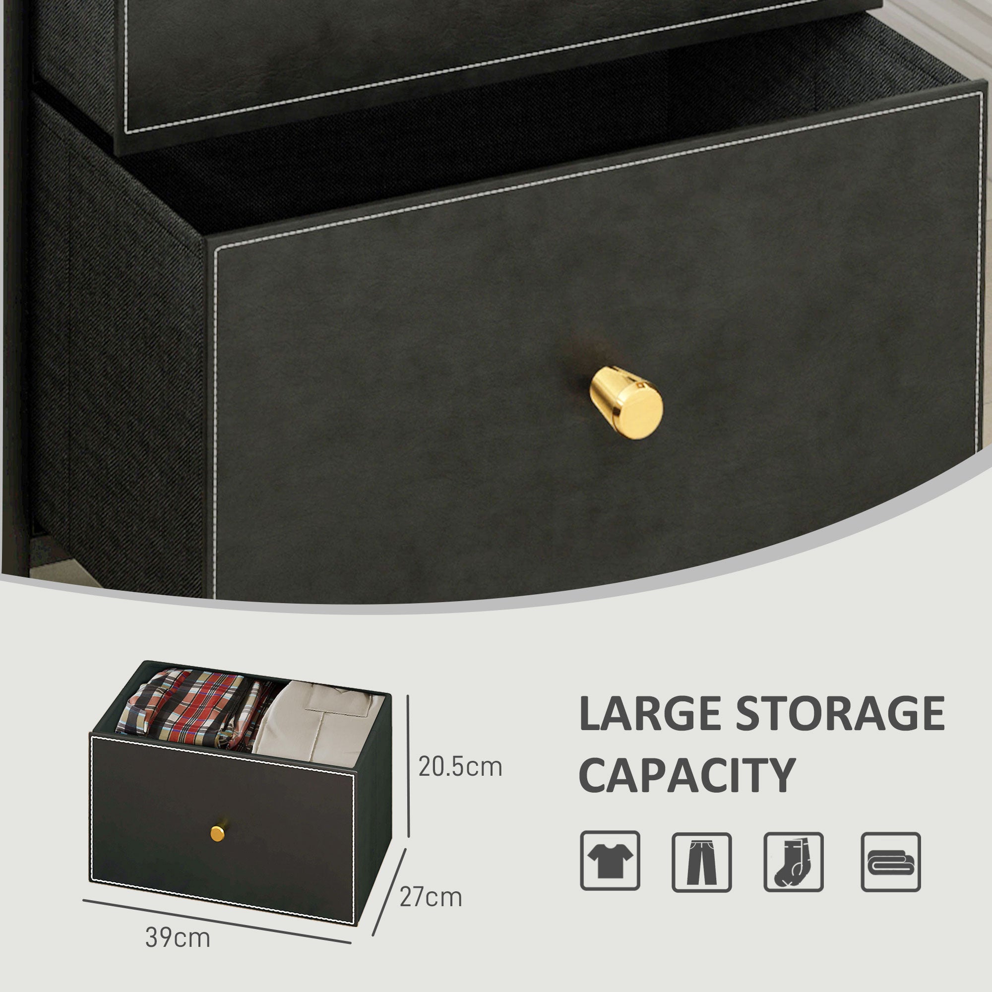 HOMCOM Faux Leather Front Chest of Three Drawers - Black - North Peak Garden Furniture