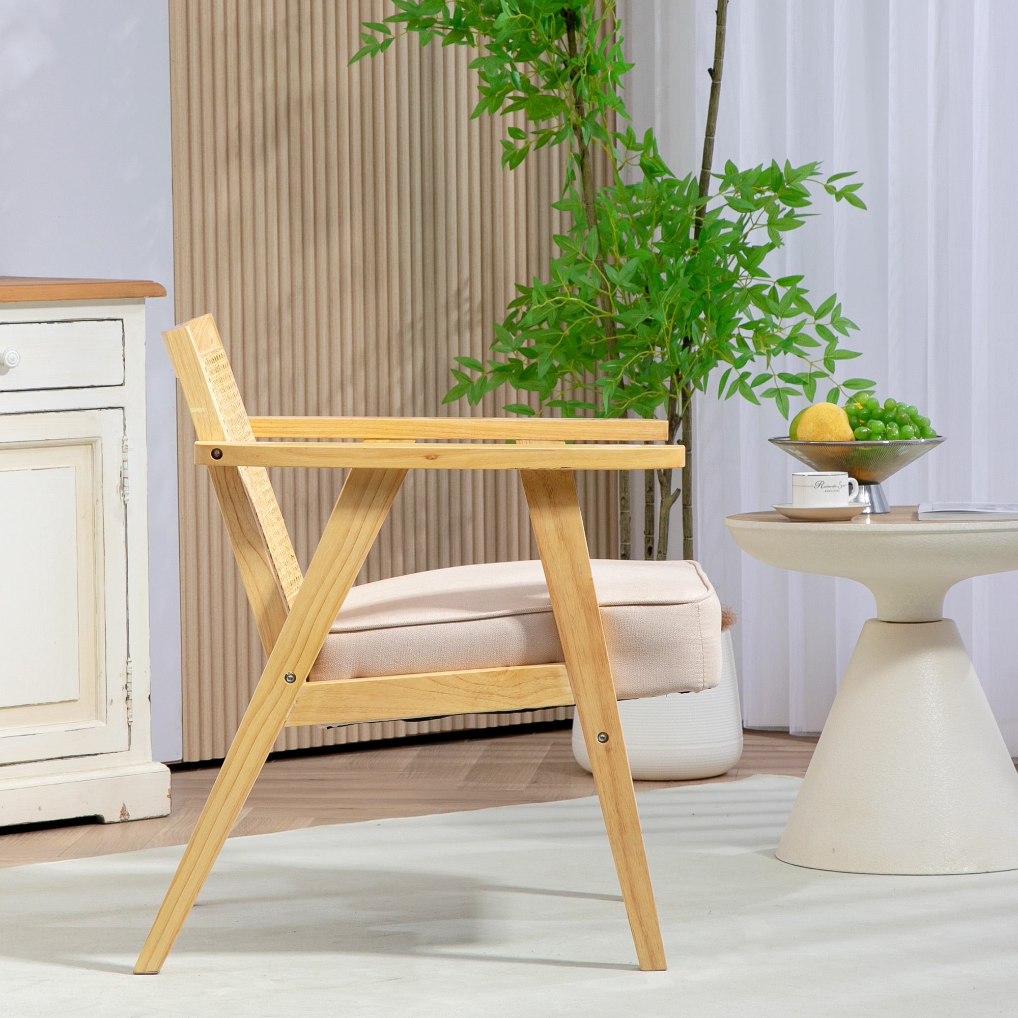 HOMCOM Wooden Rattan Weave Panel Accent Chair - Natural Finish - North Peak Garden Furniture