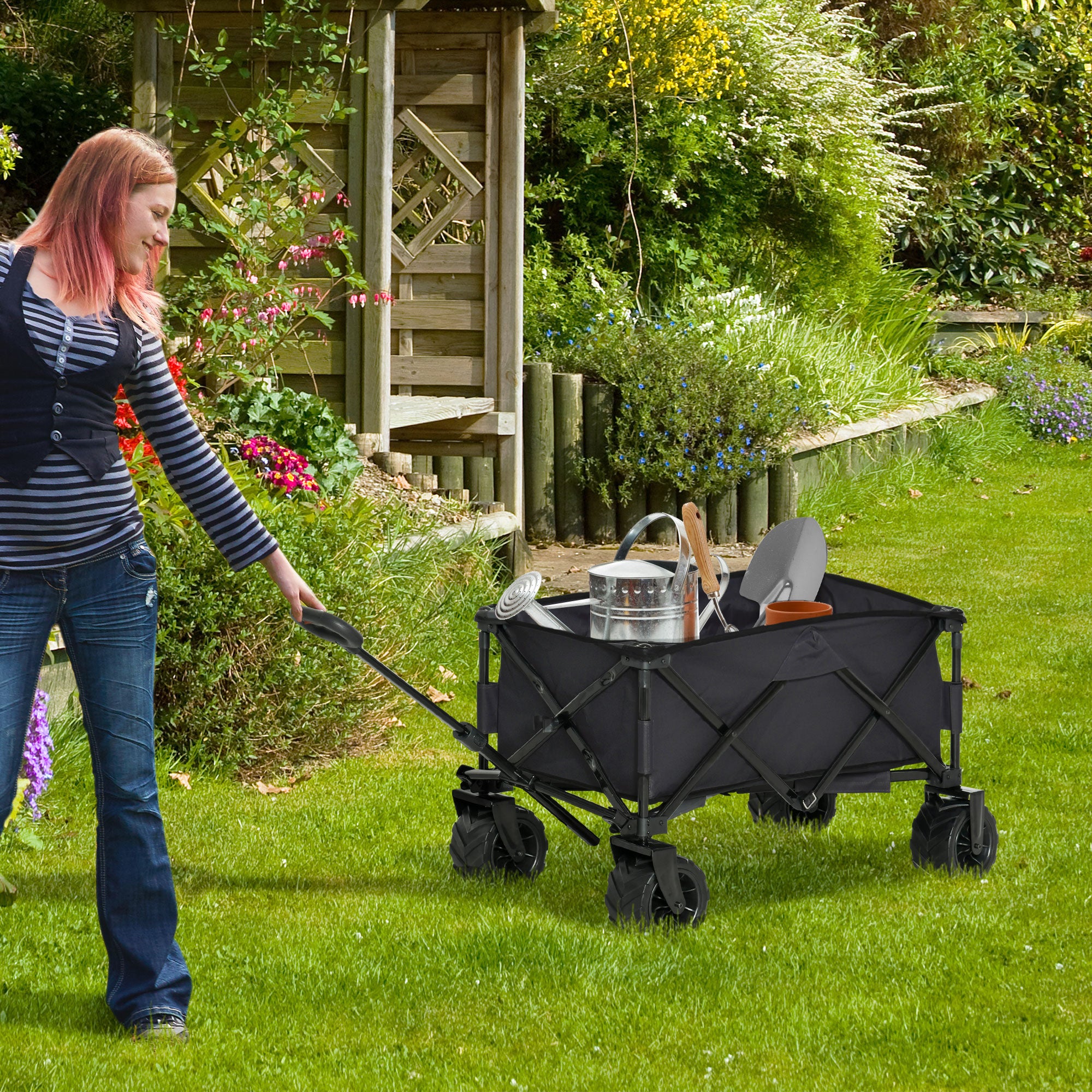 Outsunny Outdoor Folding Garden Trolley on Wheels, Capming Cargo Wagon Cart Trailer w/ Handle, Wheels for Beach Garden, Black - North Peak Garden Furniture