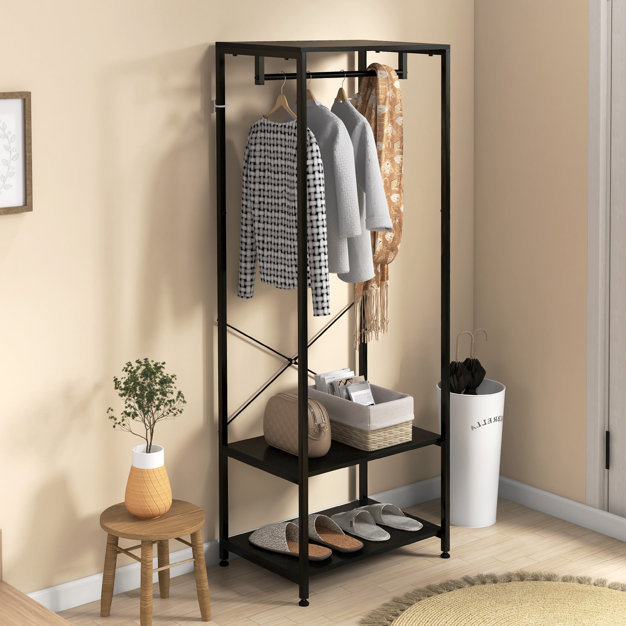 HOMCOM Hallway Coat Rack and Shoe Bench Tree - Black - North Peak Garden Furniture