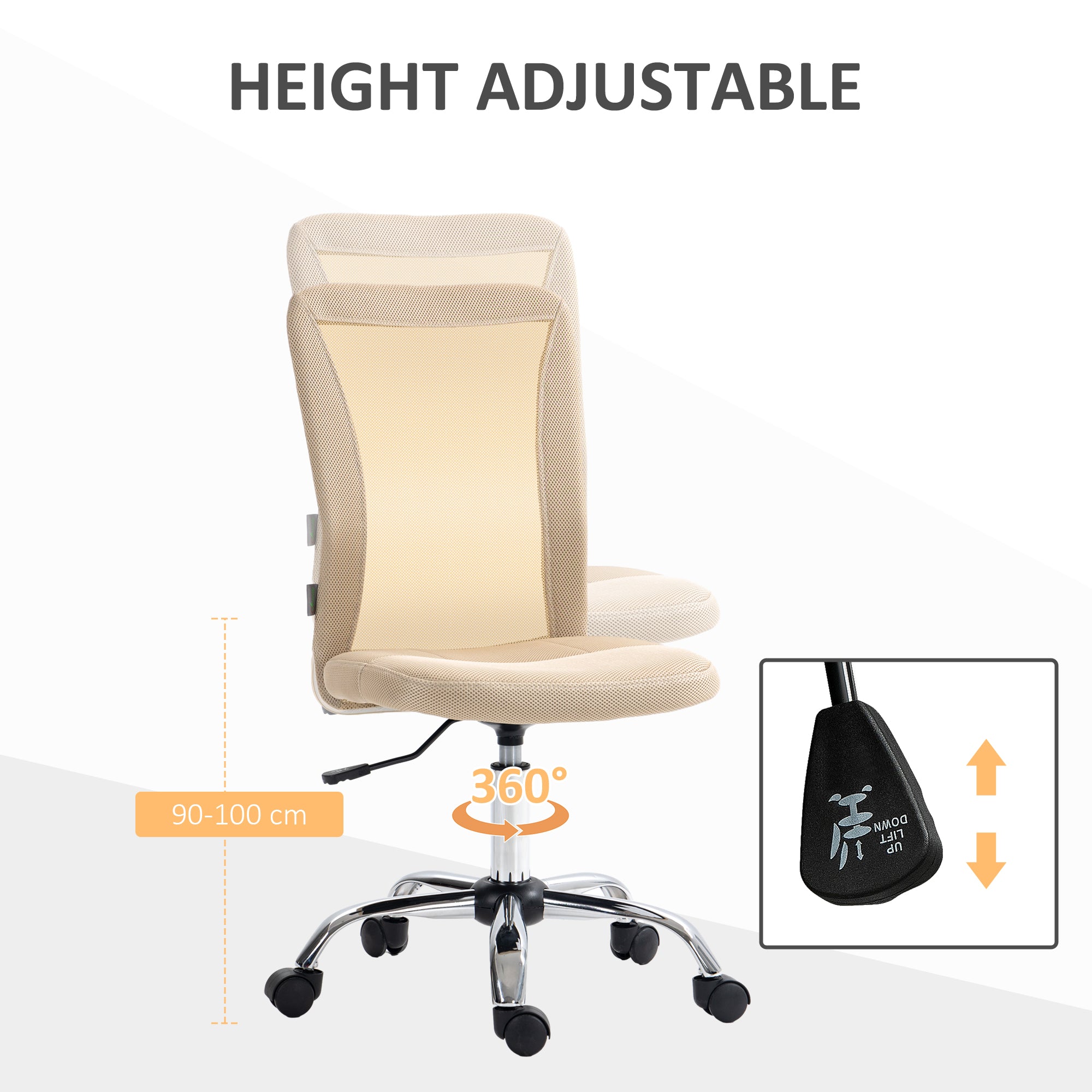 Vinsetto Computer Desk Chair, Mesh Office Chair with Adjustable Height and Swivel Wheels, Armless Study Chair, Beige - North Peak Garden Furniture