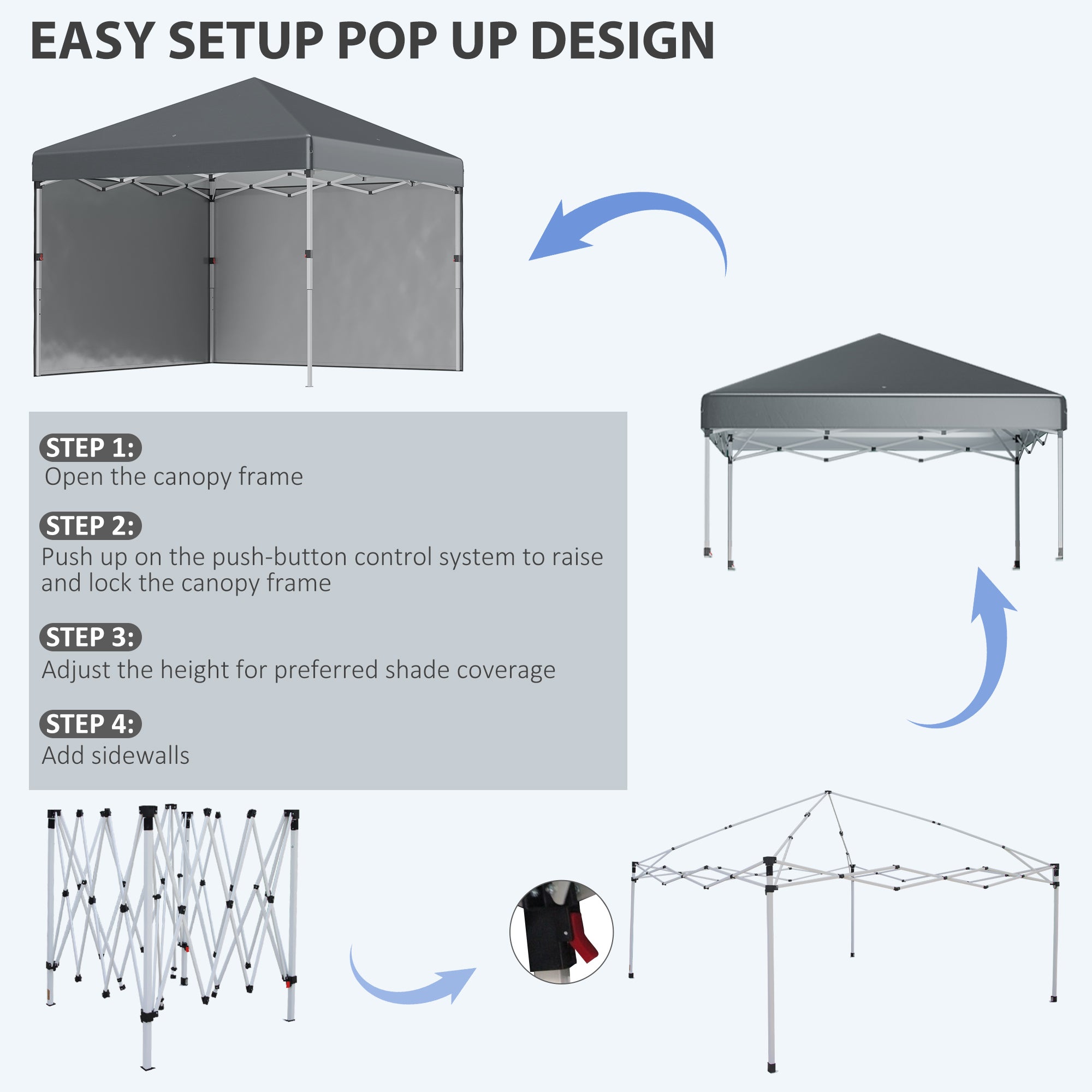 Outsunny 3 x 3 (M) Pop Up Gazebo, UPF 30+ with 2 Sidewalls, Leg Weight Bags and Wheeled Bag, Height Adjustable Party Tent Event Shelter for Garden, Patio, Dark Grey - North Peak Garden Furniture