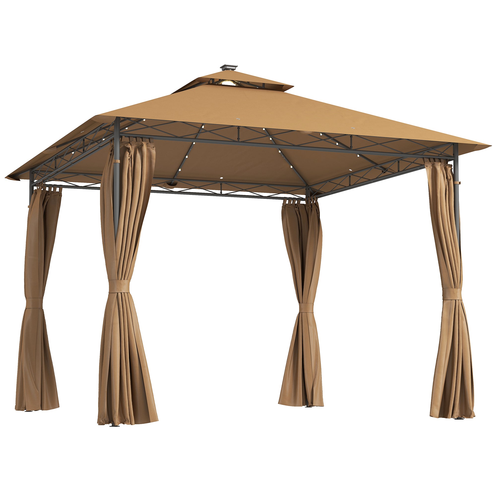 Outsunny 3 x 3 m Solar LED Metal Gazebo - Brown - North Peak Garden Furniture
