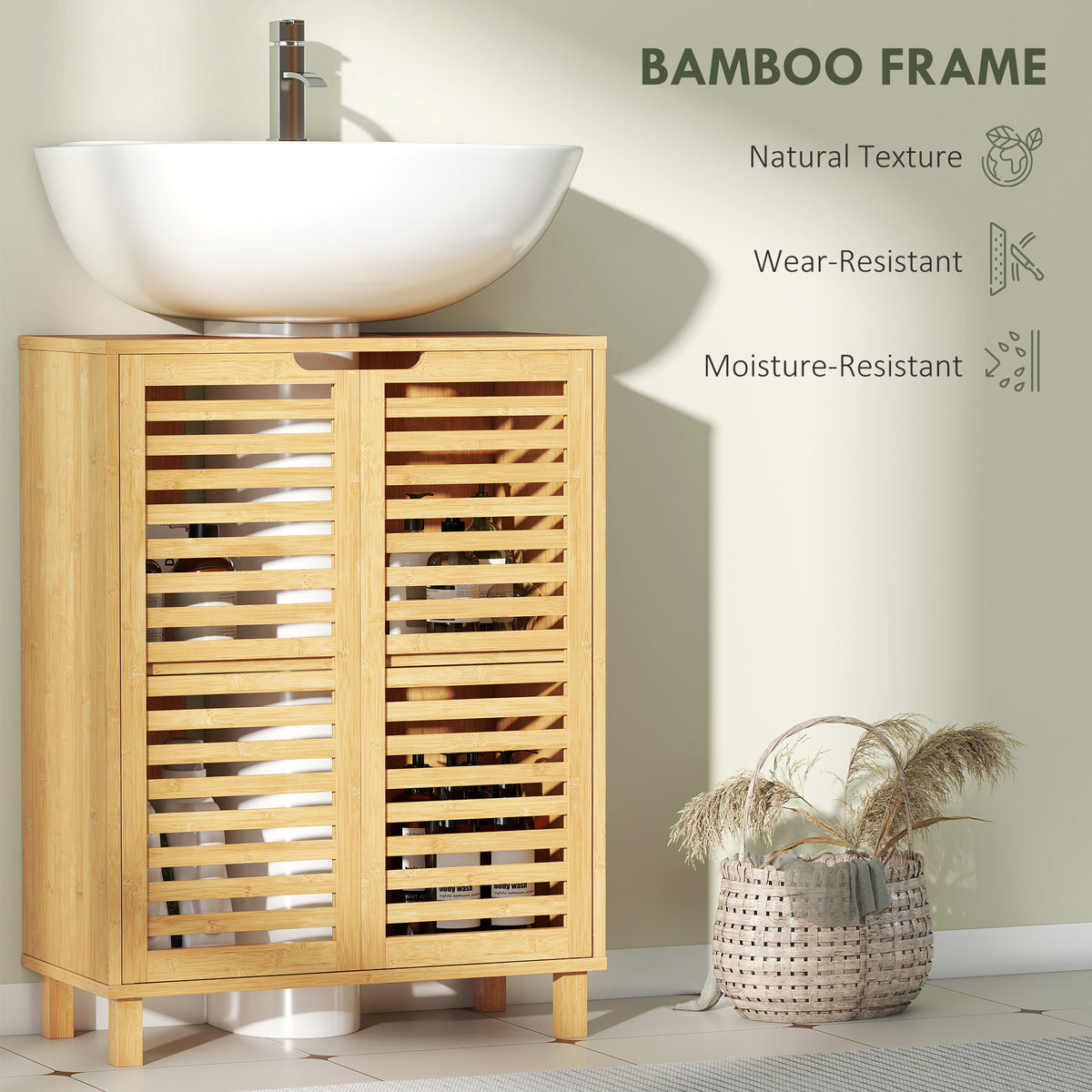 HOMCOM Under Sink Bathroom Cabinet, Freestanding Under Sink Cabinet with Louvered Doors and Adjustable Shelf, Natural