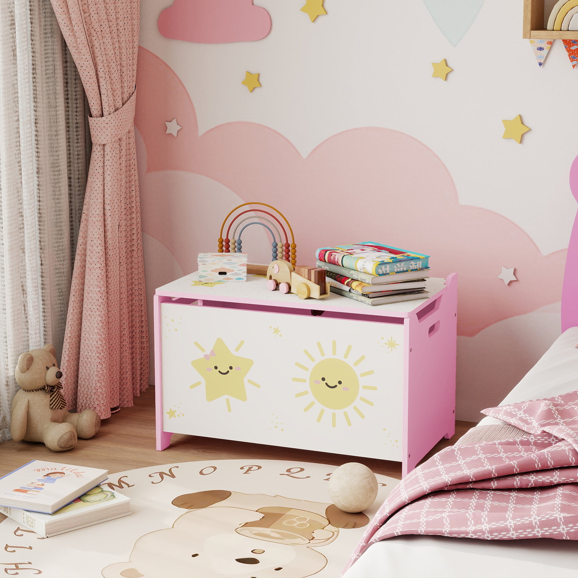 AIYAPLAY Toy Box with Lid, Safety Hinges and Groove Handles, Toy Storage organiser for Kids, Living Room, Playroom, Pink