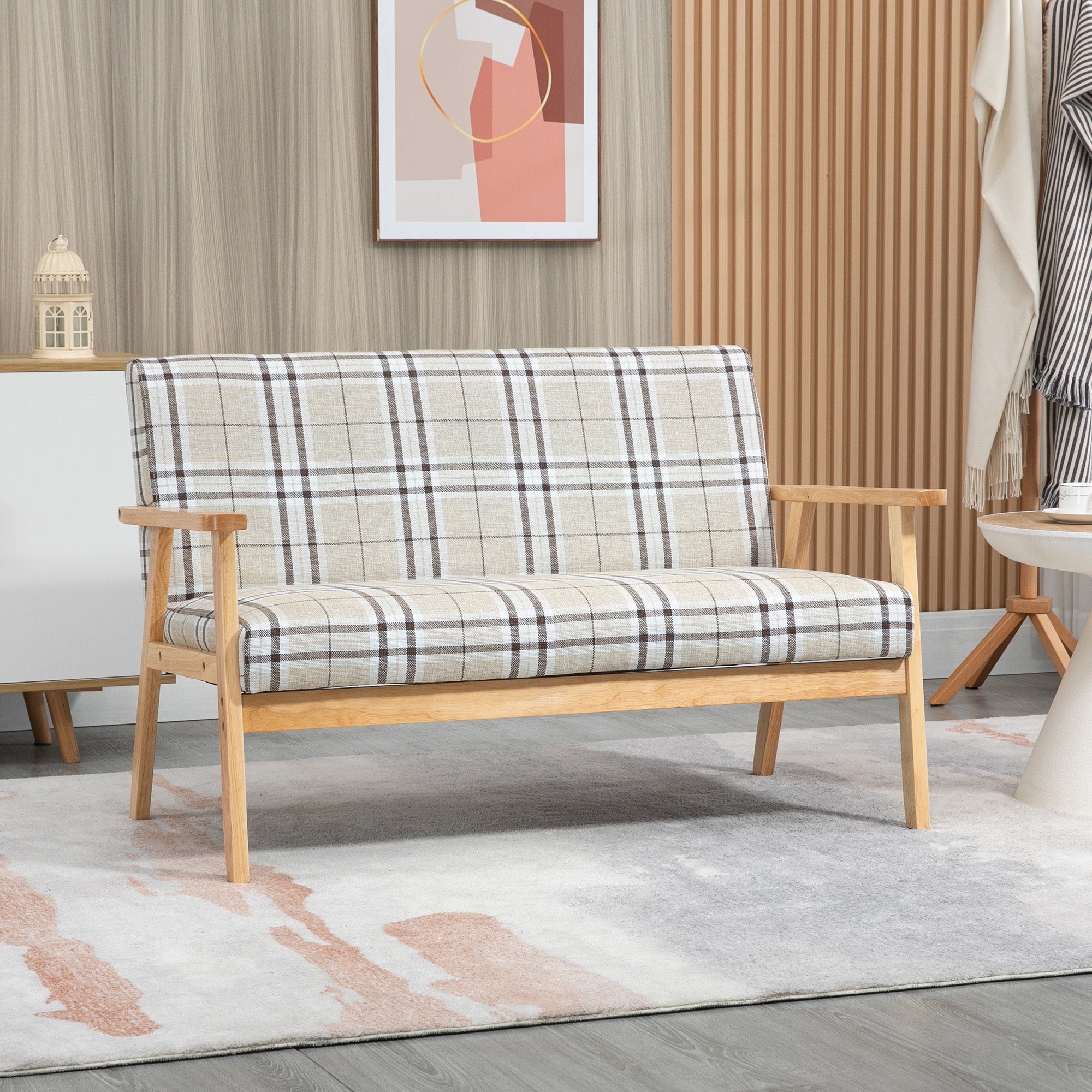HOMCOM Compact Loveseat Couch Double Seat Sofa with Lattice Pattern and Rubber Wood Frame Beige and Coffee - North Peak Garden Furniture