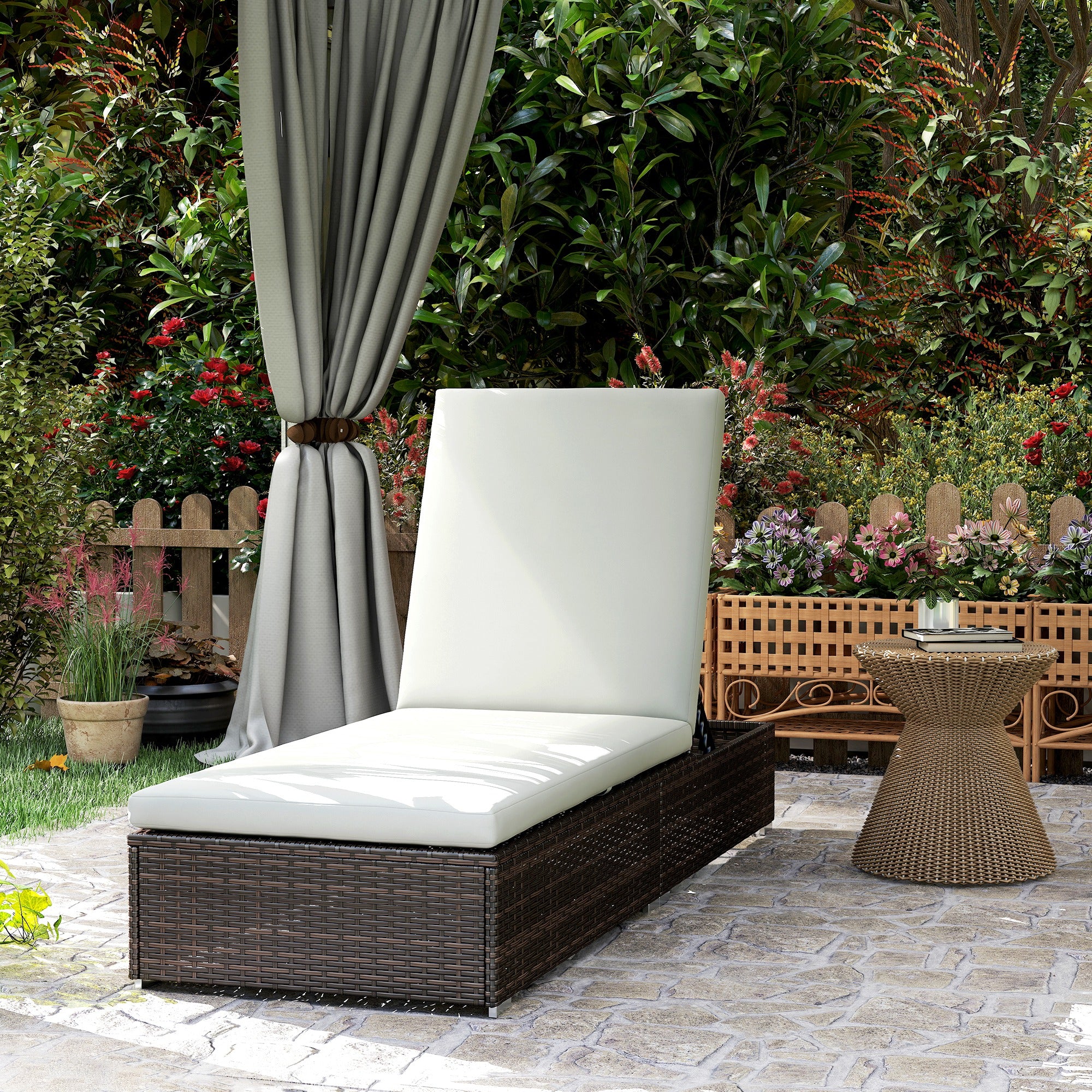 Outsunny PE Rattan Sun Lounger, Five-level Adjustable Recliner Bed Chair with Soft Padded Cushion for Patio, Garden, Mixed Brown - North Peak Garden Furniture