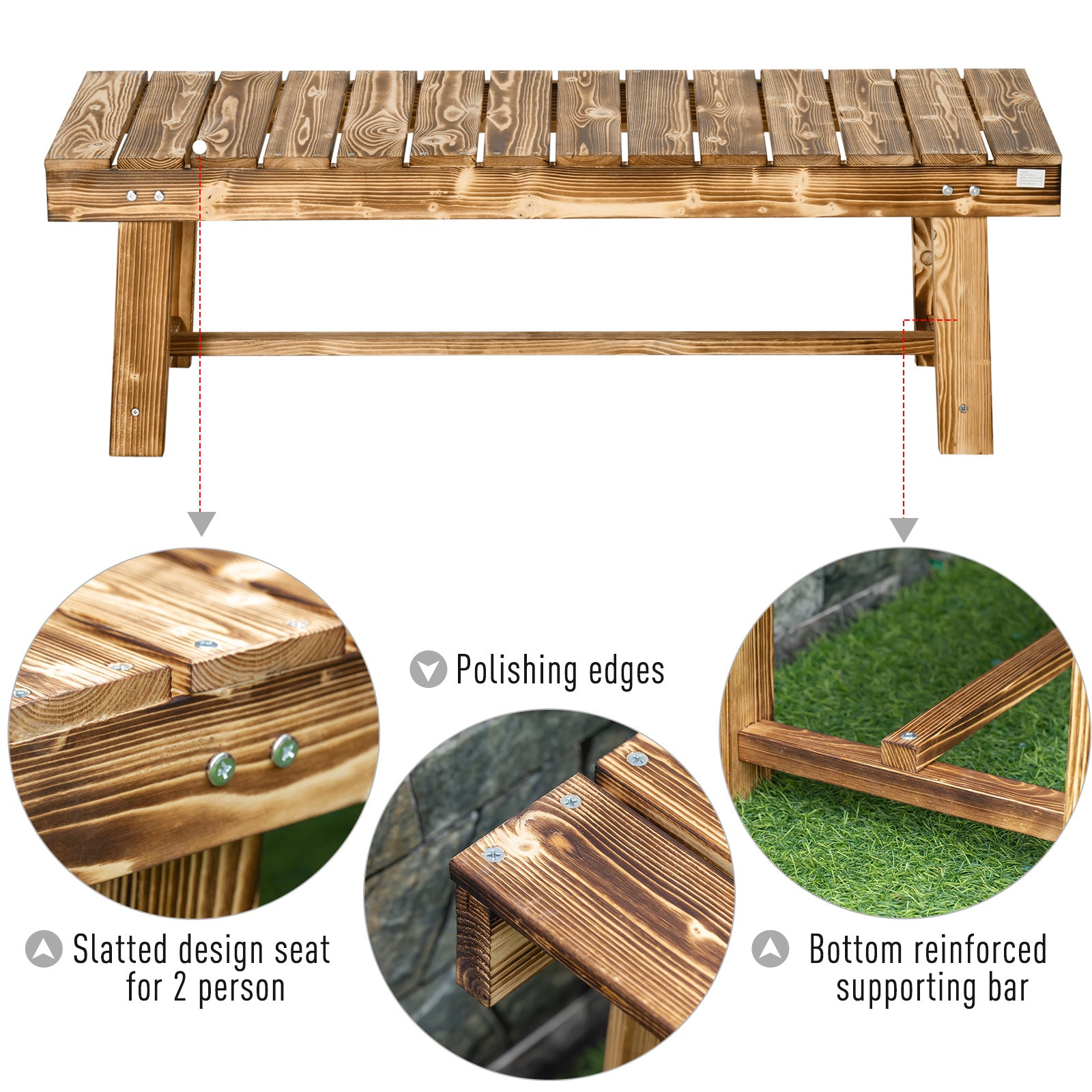 Outsunny 5 Pieces 2-seater Outdoor Indoor Wooden Garden Bench Fir Patio Loveseat, 110L x 38W x 35Hcm, Carbonised - North Peak Garden Furniture
