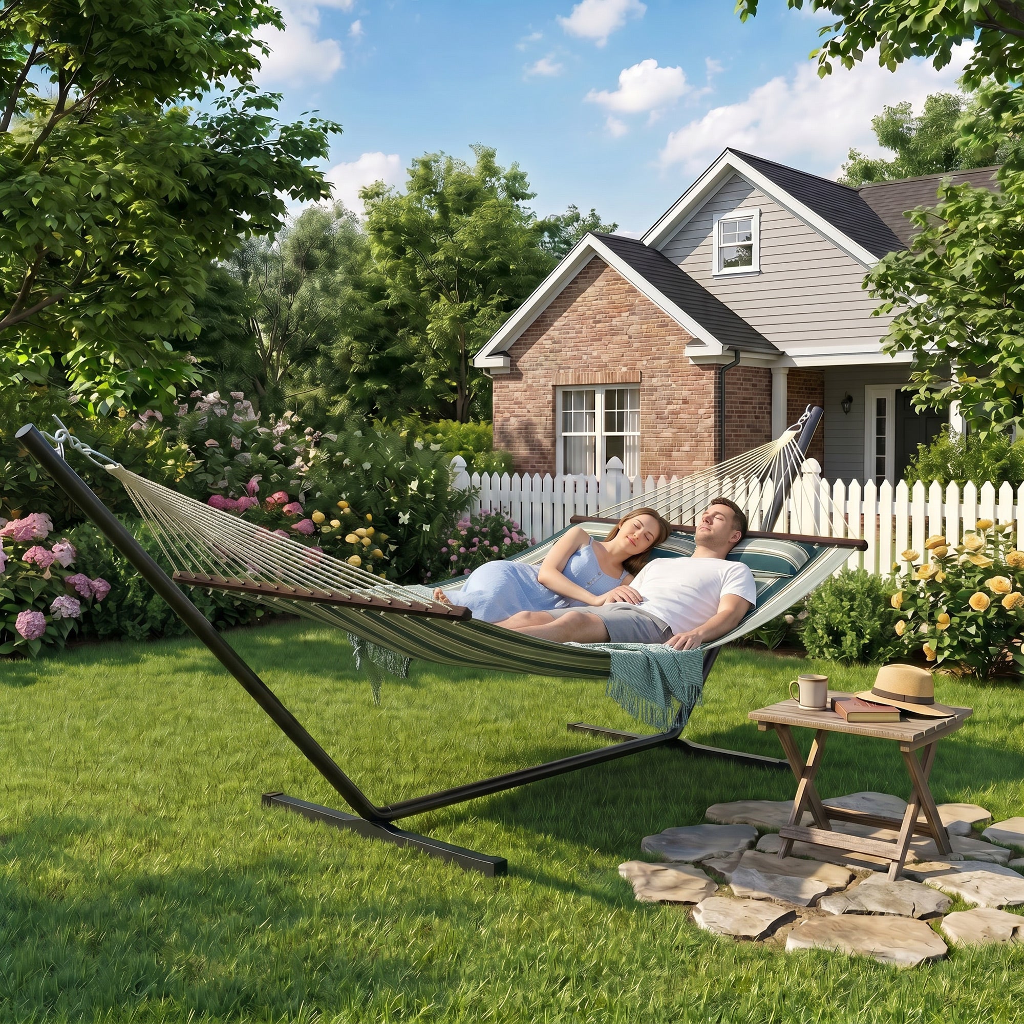 Outsunny Outdoor Hammock with Stand Detachable Pillow Striped Swing Steel Frame, for Garden, Patio, Green