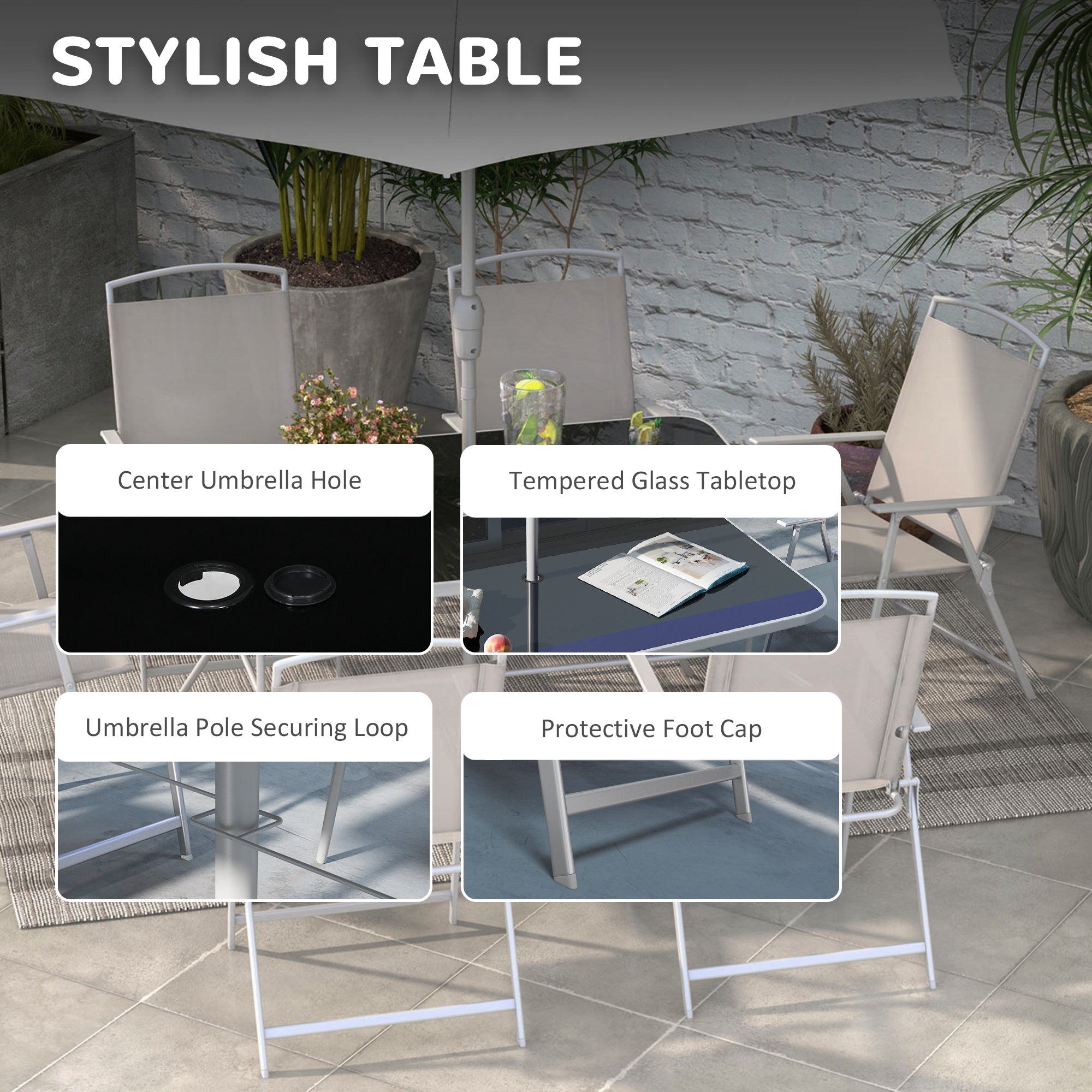 Outsunny Eight-Piece Garden Dining Set, with Chairs, Table and Parasol - Grey - North Peak Garden Furniture